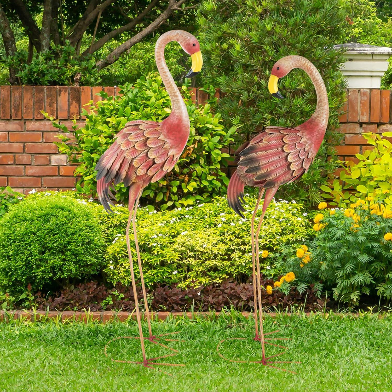 31 in. Hand-Painted Pink Metal Flamingo Garden Statues