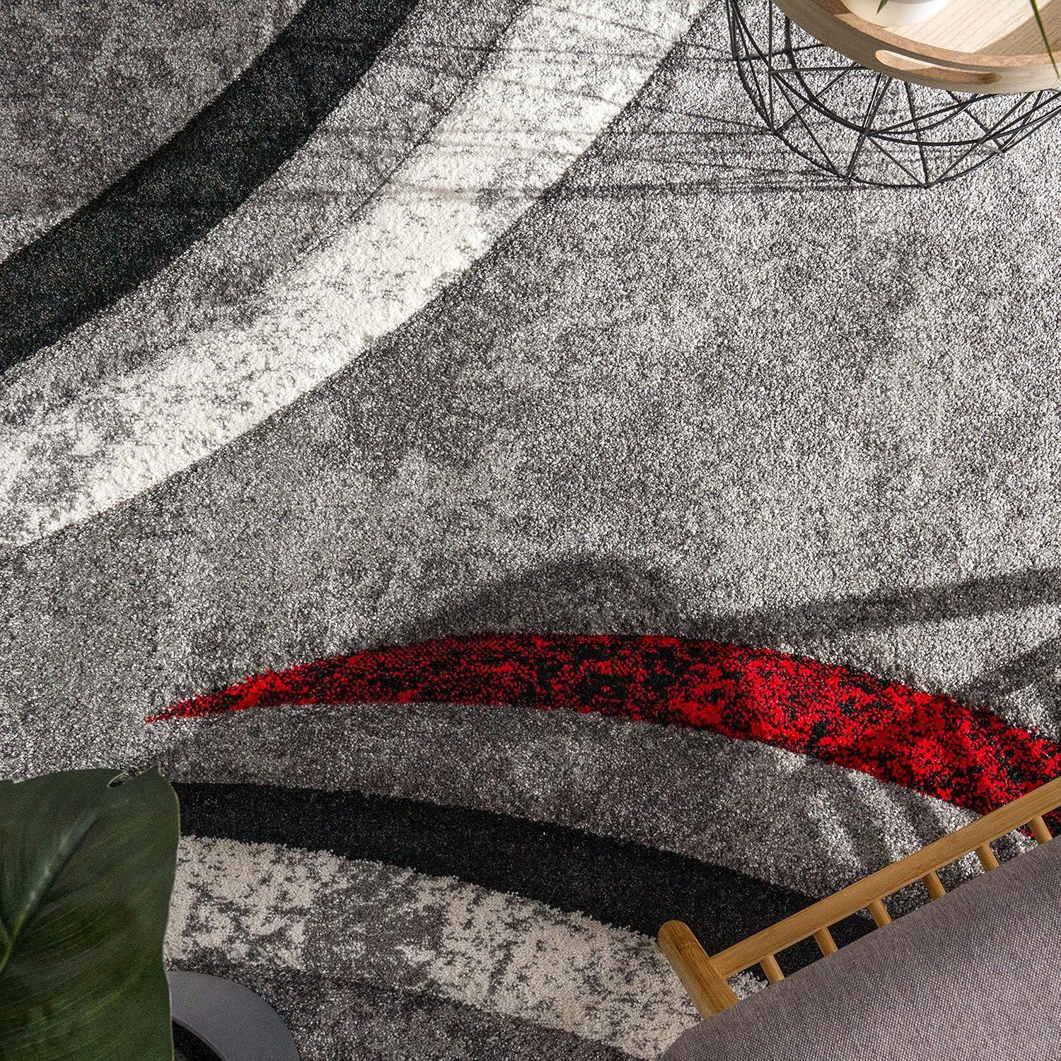 Paco Home Designer Rug with Contour Cut Striped Model in Grey Black and Red Mixture, Size:3'11" x 5'7"