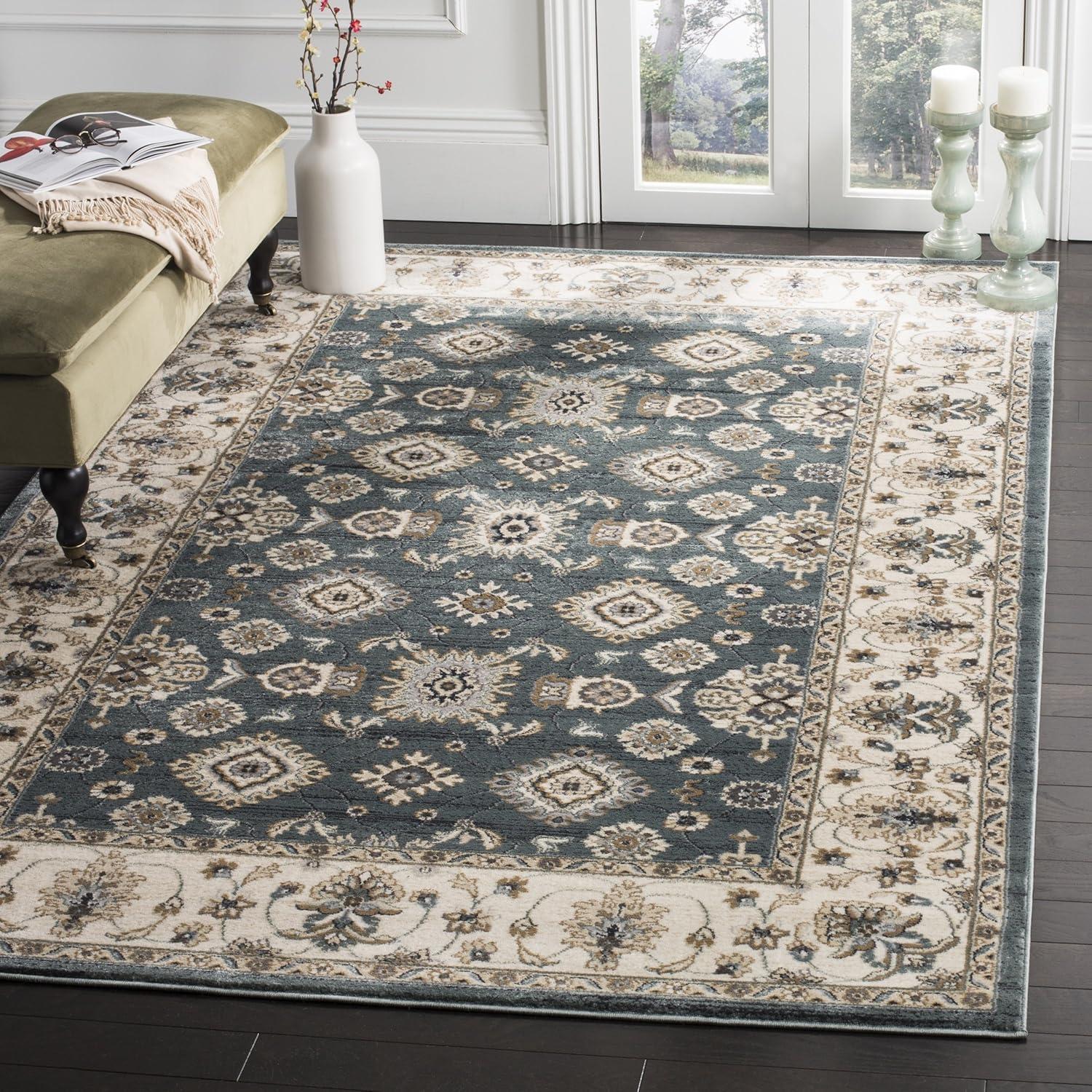 Teal and Cream 9' x 12' Floral Synthetic Area Rug