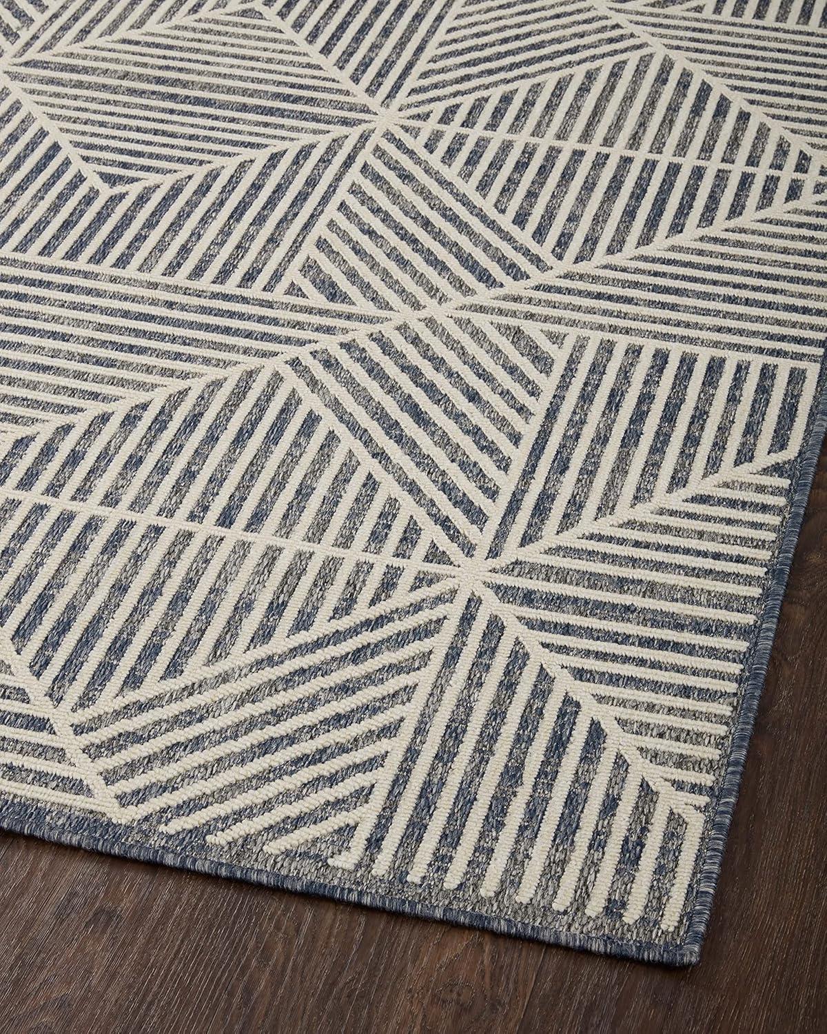 Handmade Denim & Ivory Geometric Outdoor Rug - 27" x 91"