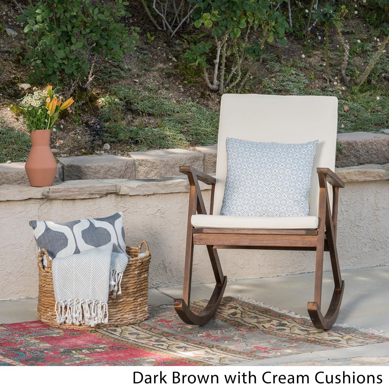 Louise Outdoor Acacia Wood Rocking Chair with Cushion, Dark Brown and Cream