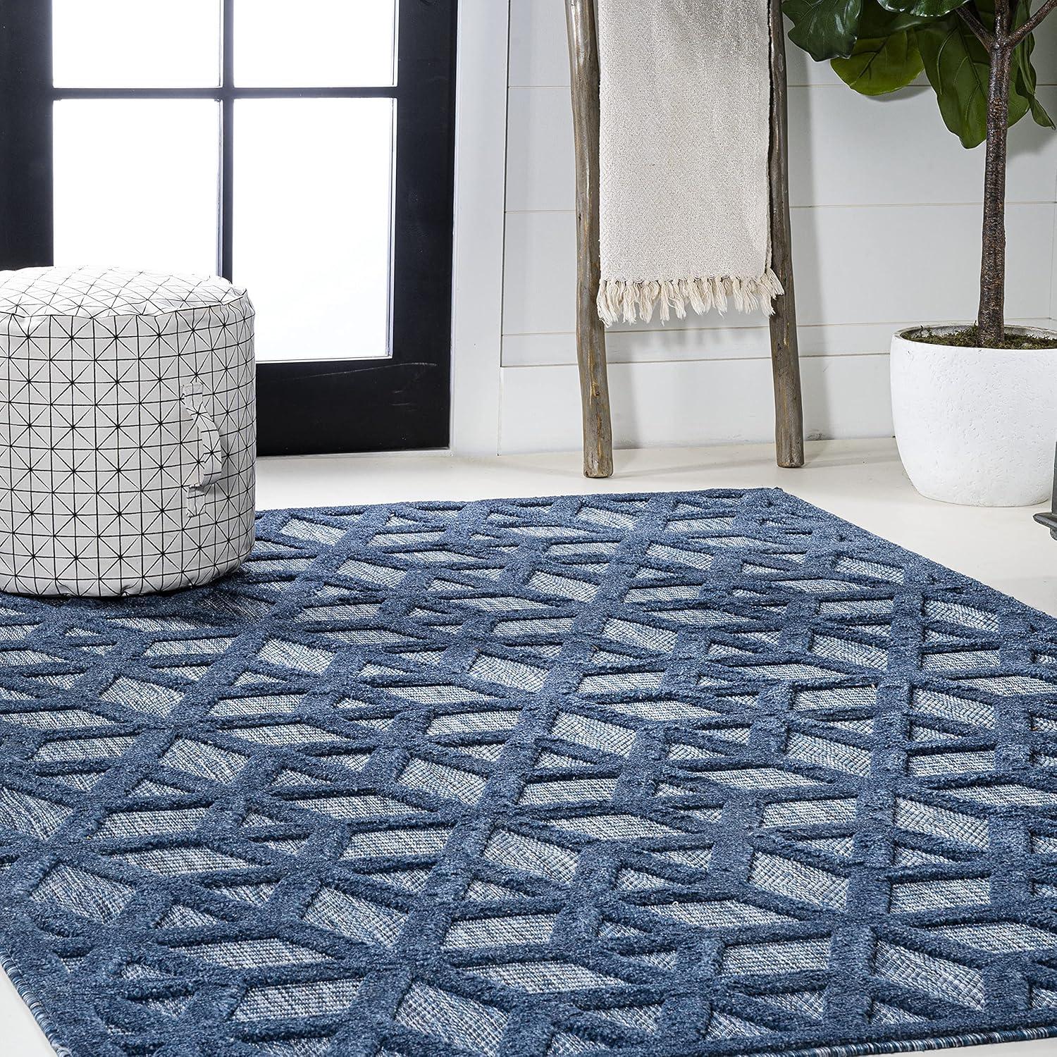 8'x10' Talaia Neutral Geometric Indoor/Outdoor Area Rug, Navy - JONATHAN Y