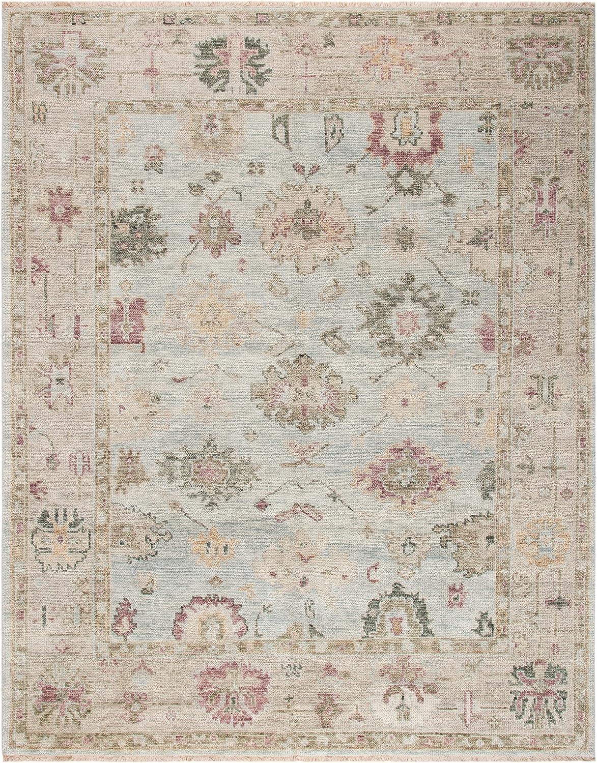 Light Blue and Sage Hand-Knotted Wool 6' x 9' Oriental Rug