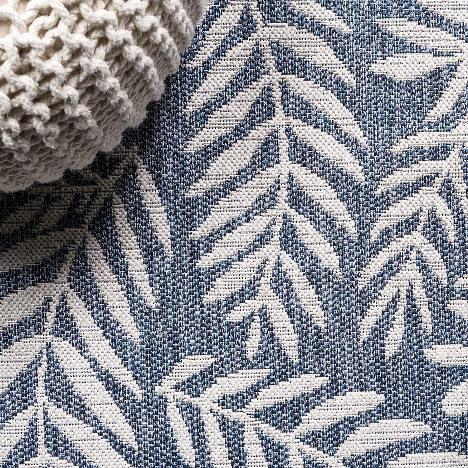 5' Square Nevis Palm Frond Indoor/Outdoor Area Rug, Navy/Ivory - JONATHAN Y
