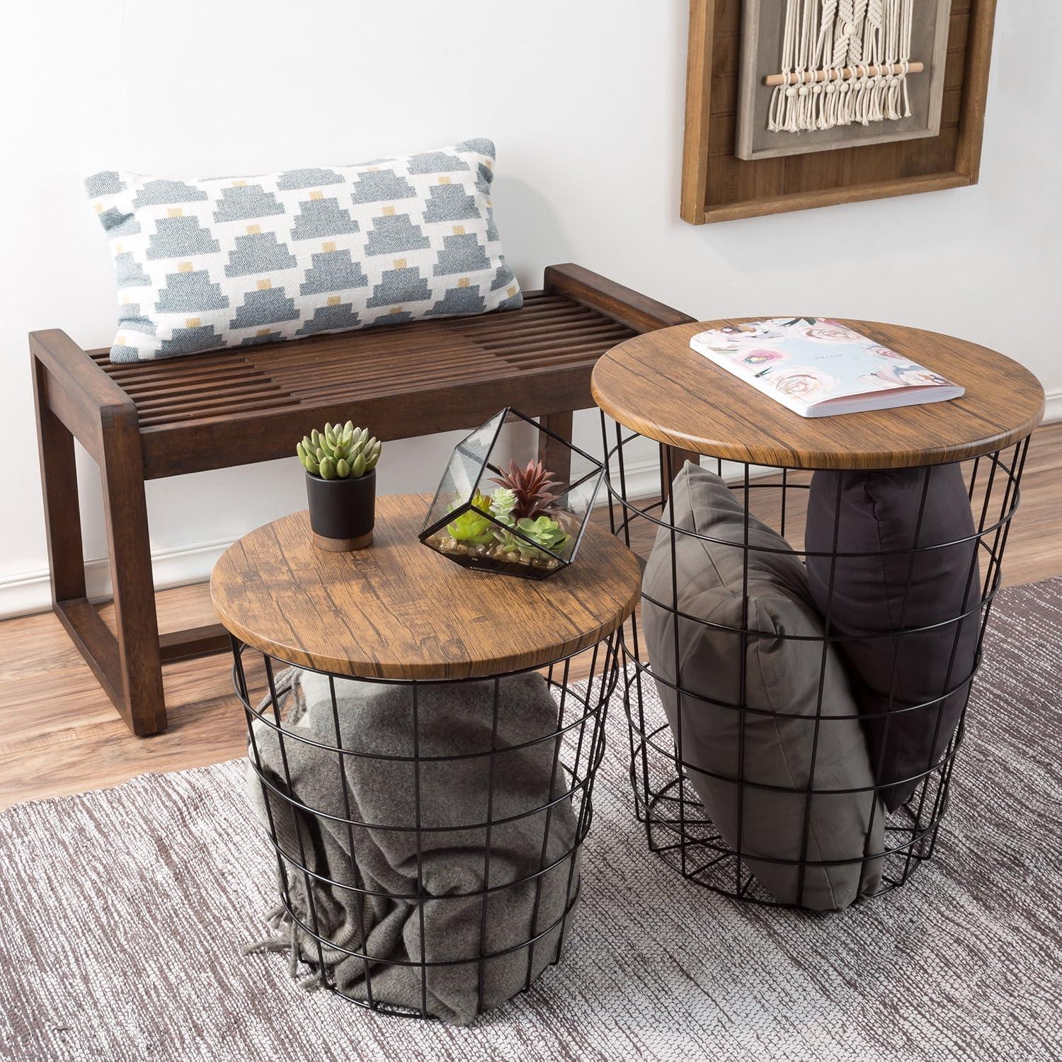 Round Wood and Metal Nesting Side Tables with Storage