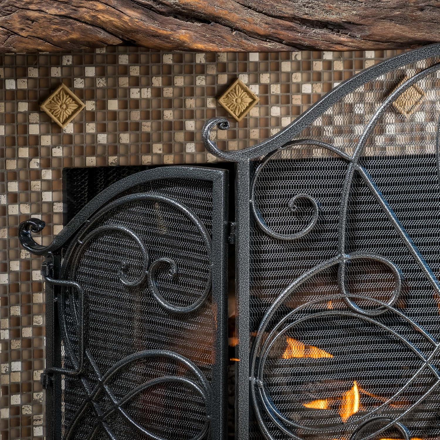 GDF Studio Noweta Traditional Iron Three Panel Fireplace Screen, Silver and Black