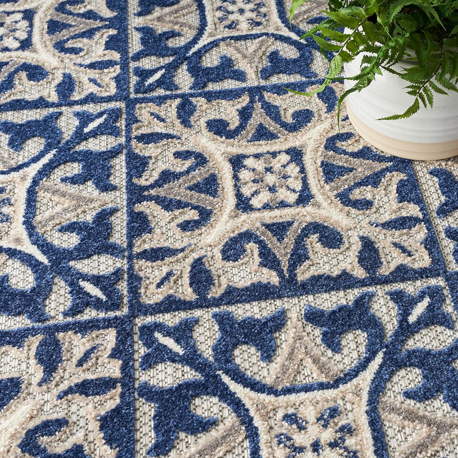 Blue Geometric 6' x 9' Stain-Resistant Outdoor Rug