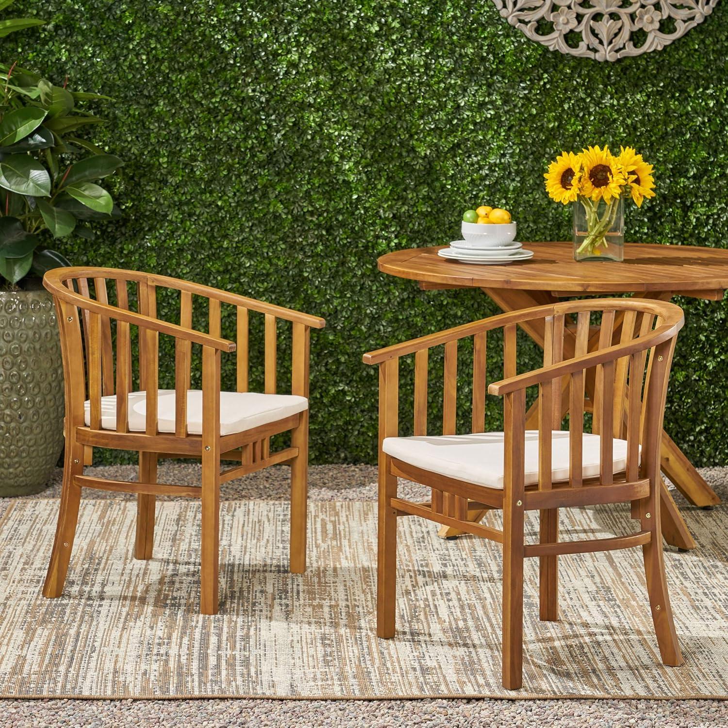 GDFStudio Rosin Outdoor Acacia Wood Dining Chairs with Cushion (Set of 2), Cream/Teak