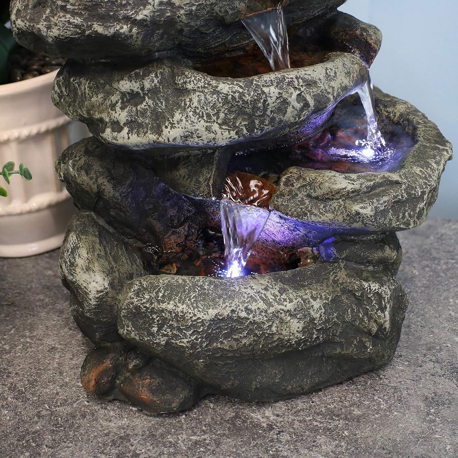 Sunnydaze Indoor Home Office Relaxing 6-Tiered Stone Falls Tabletop Water Fountain with LED Lights - 15"