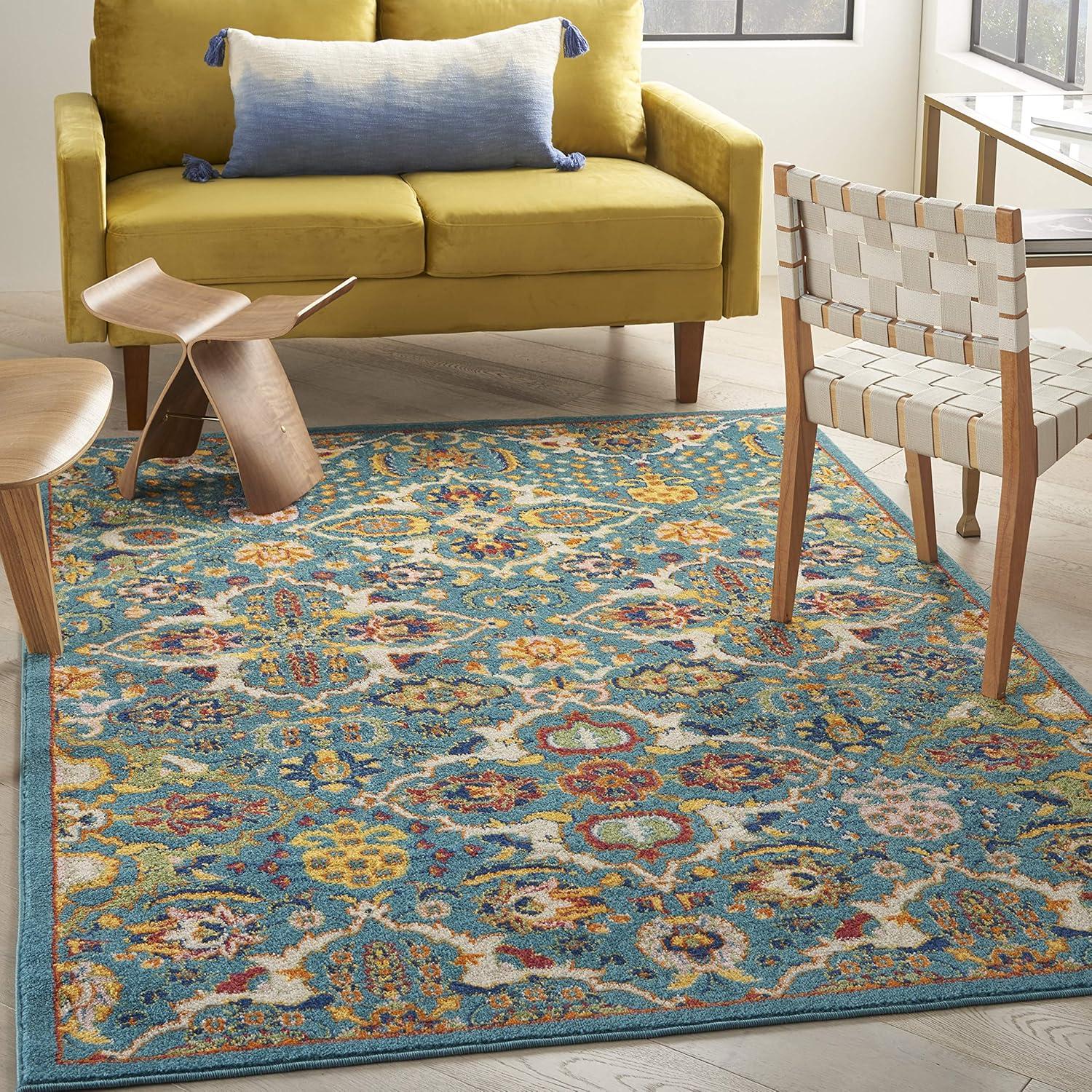 Turquoise Ivory Floral Easy-Care Synthetic 6' x 9' Area Rug