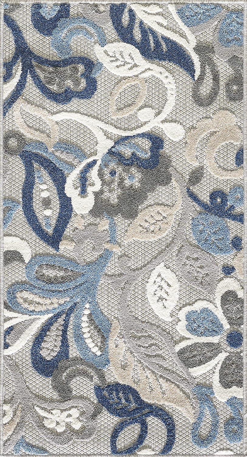 Medium Blue and Gray Synthetic Stain-Resistant Rectangular Rug