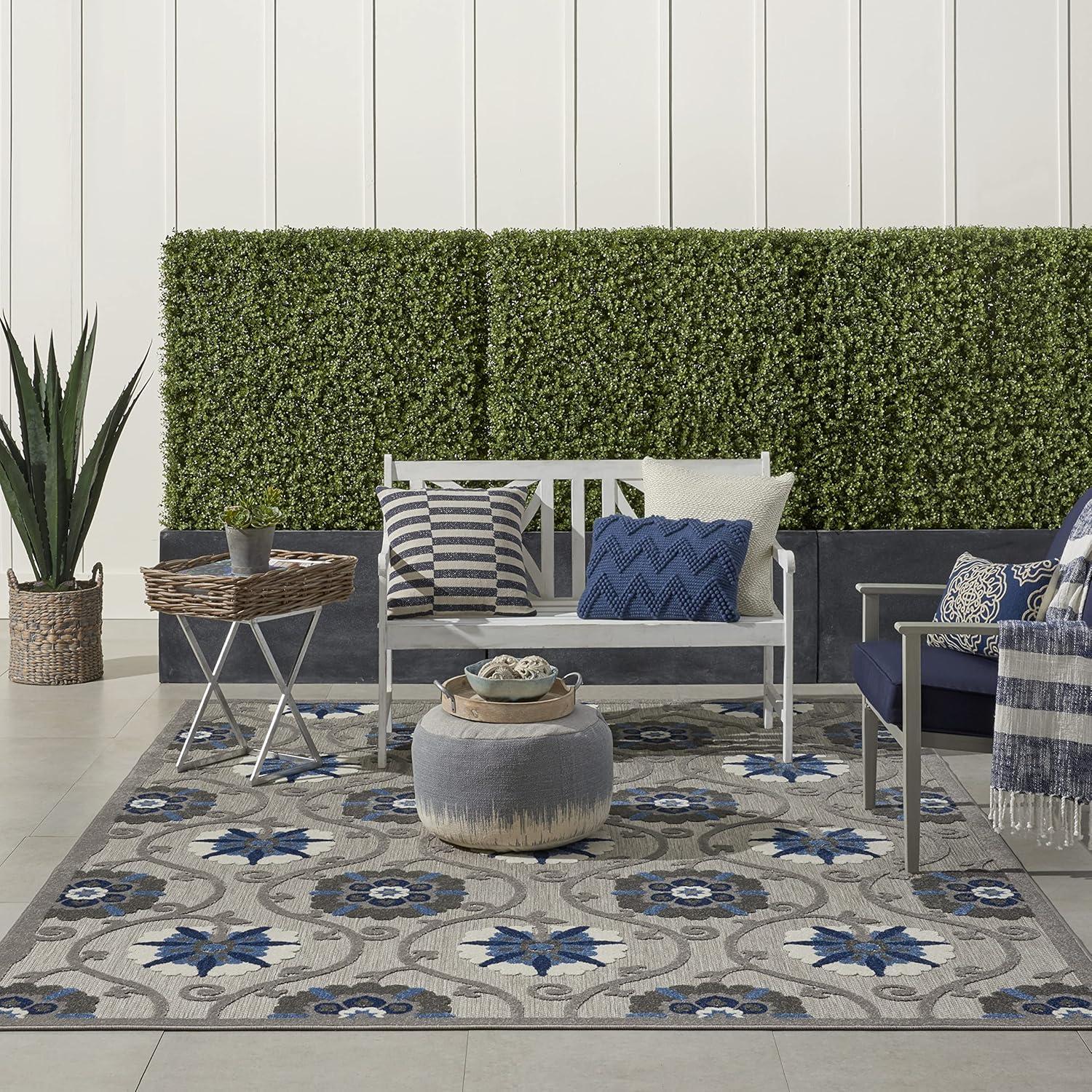 Nourison Aloha Contemporary Floral Flatweave High-Low Indoor Outdoor Area Rug Grey/Blue 7'10" x 10'6"