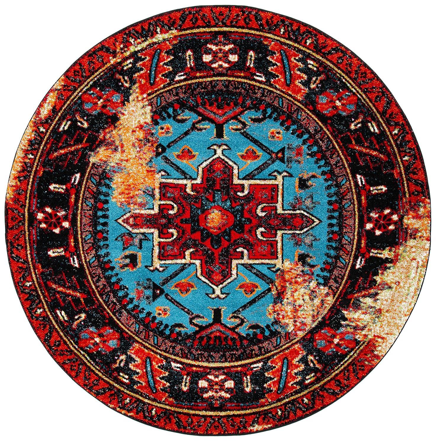 Vintage Hamadan VTH211 Power Loomed Indoor Area Rug - Red/Light Blue - 6'7" Round - Safavieh