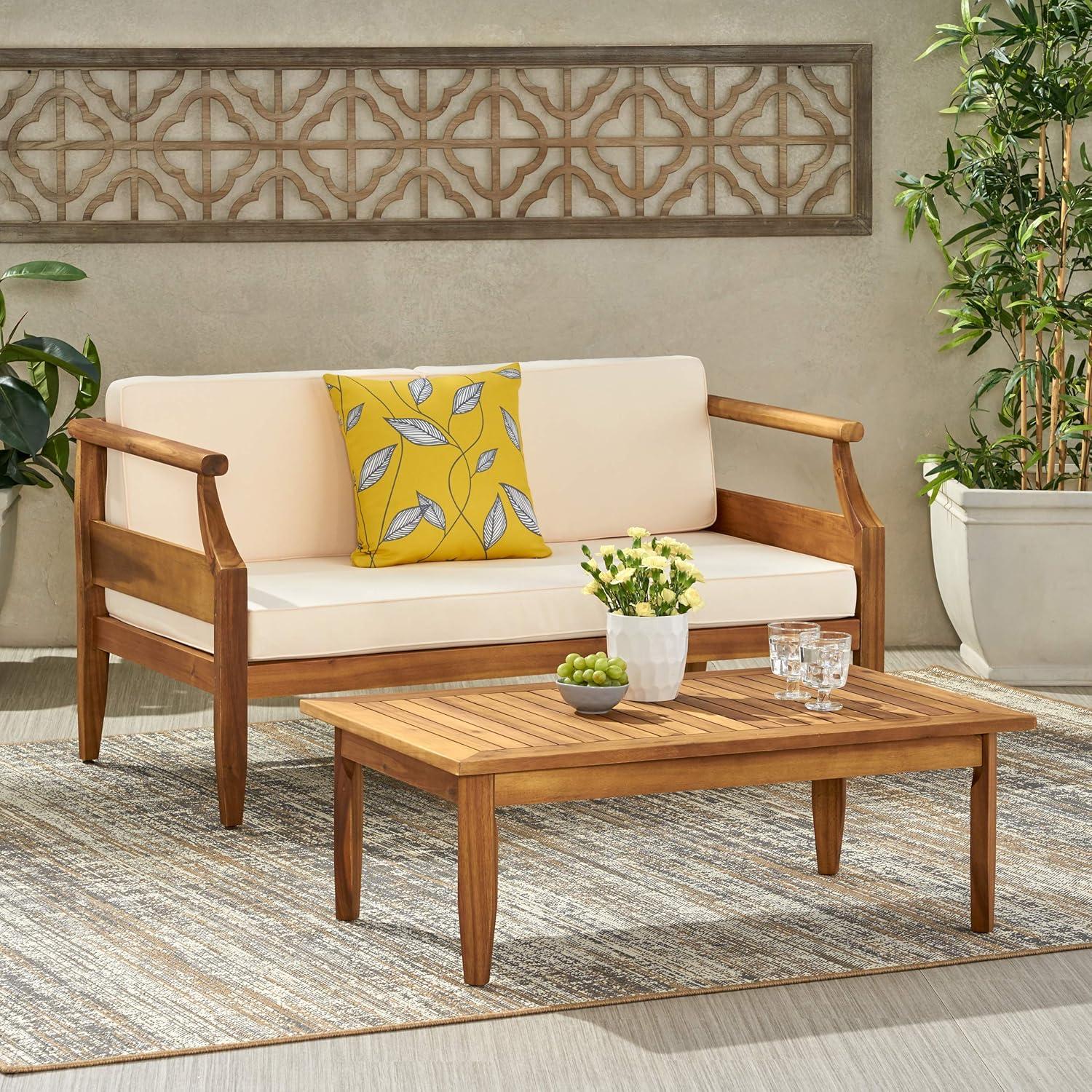 Aston Acacia Mid-Century Modern 2-Person Loveseat Set, Teak and Cream