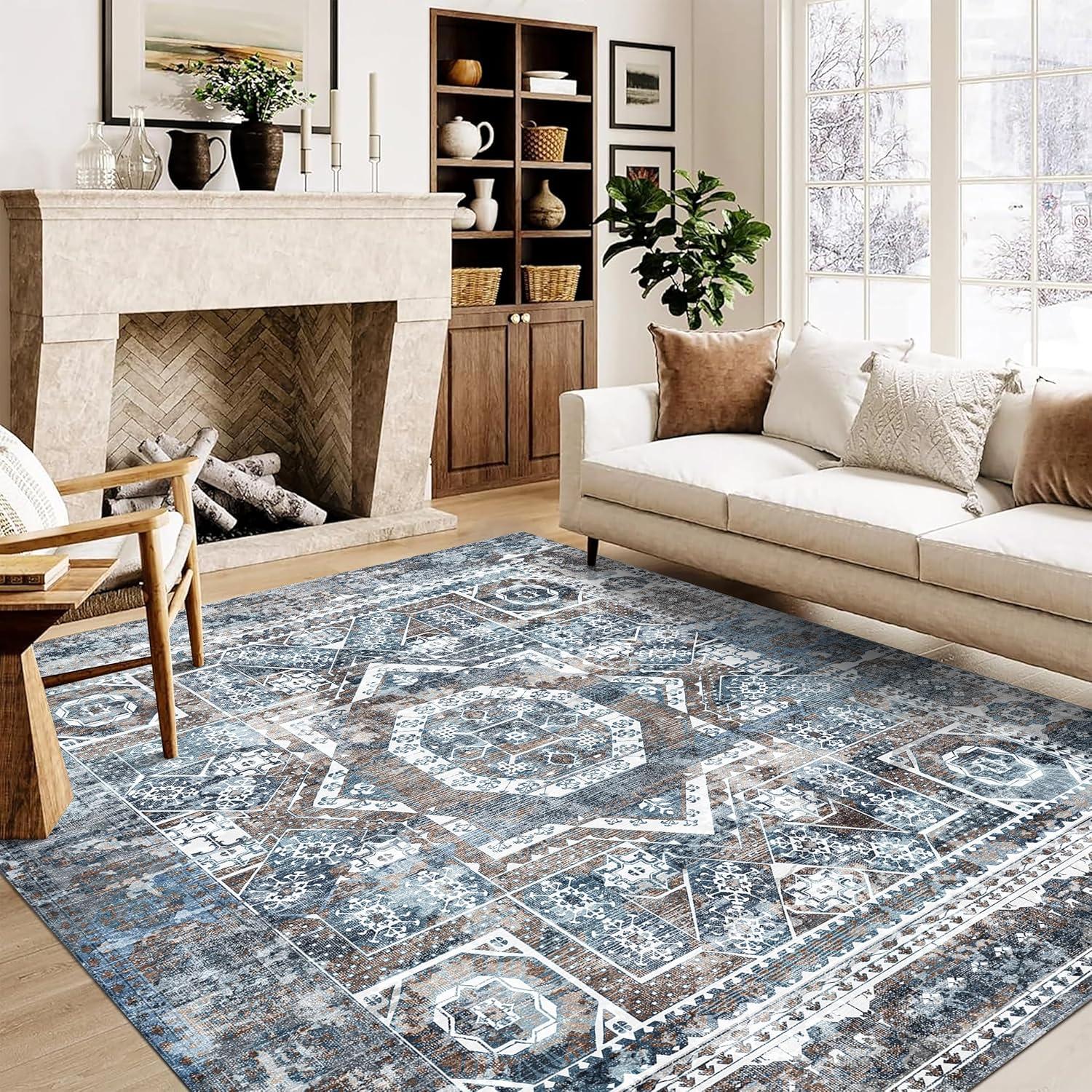 8'x10' Vintage Area Rugs,Soft Washable Distressed Thin Rugs for Living Room Bedroom,Non-Slip Foldable Indoor Carpet,Navy Blue