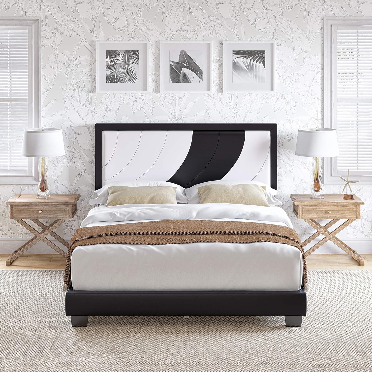 Nautical Wave Queen Platform Bed in White & Black Faux Leather