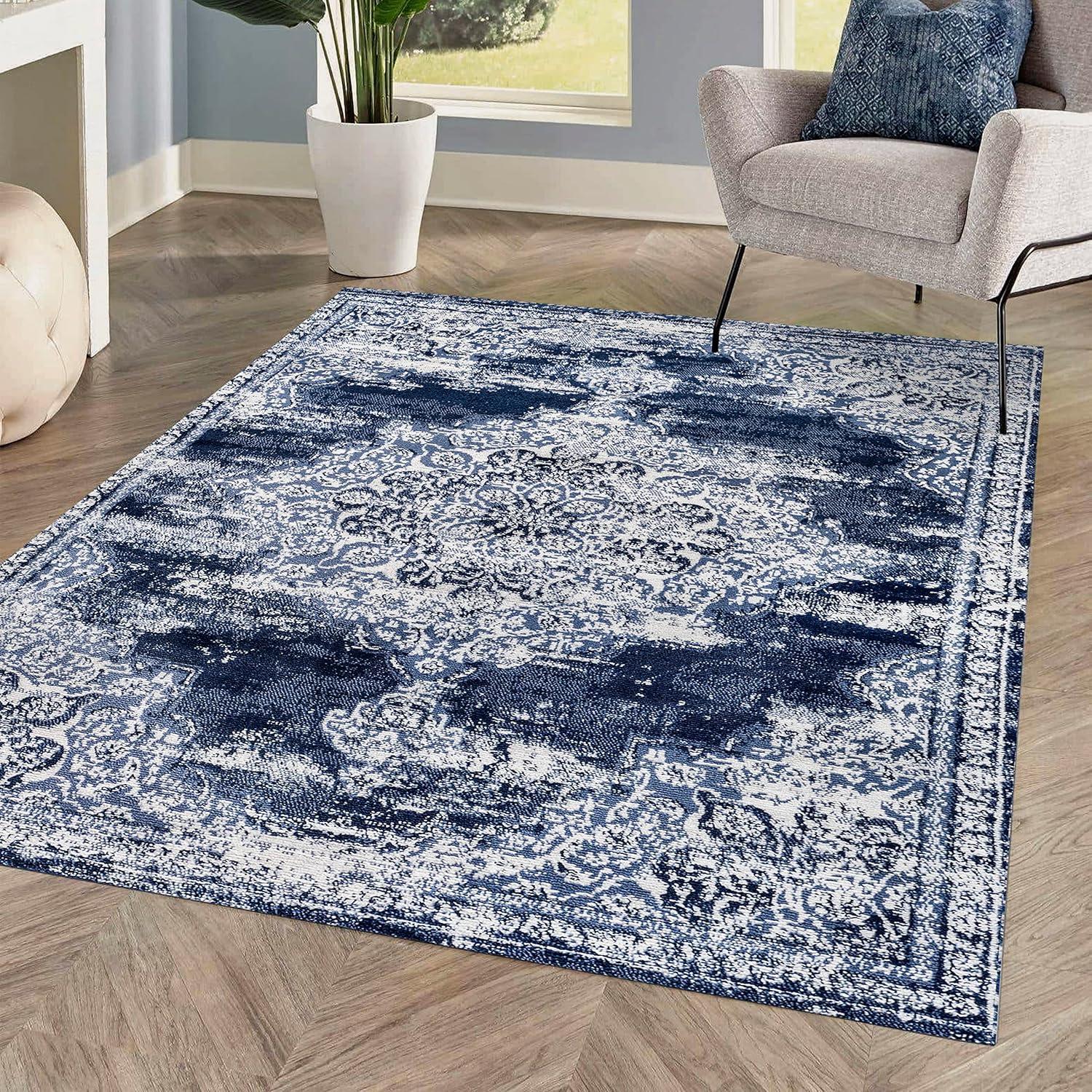 Elegant Reversible Navy/Ivory 8' x 10' Synthetic Area Rug