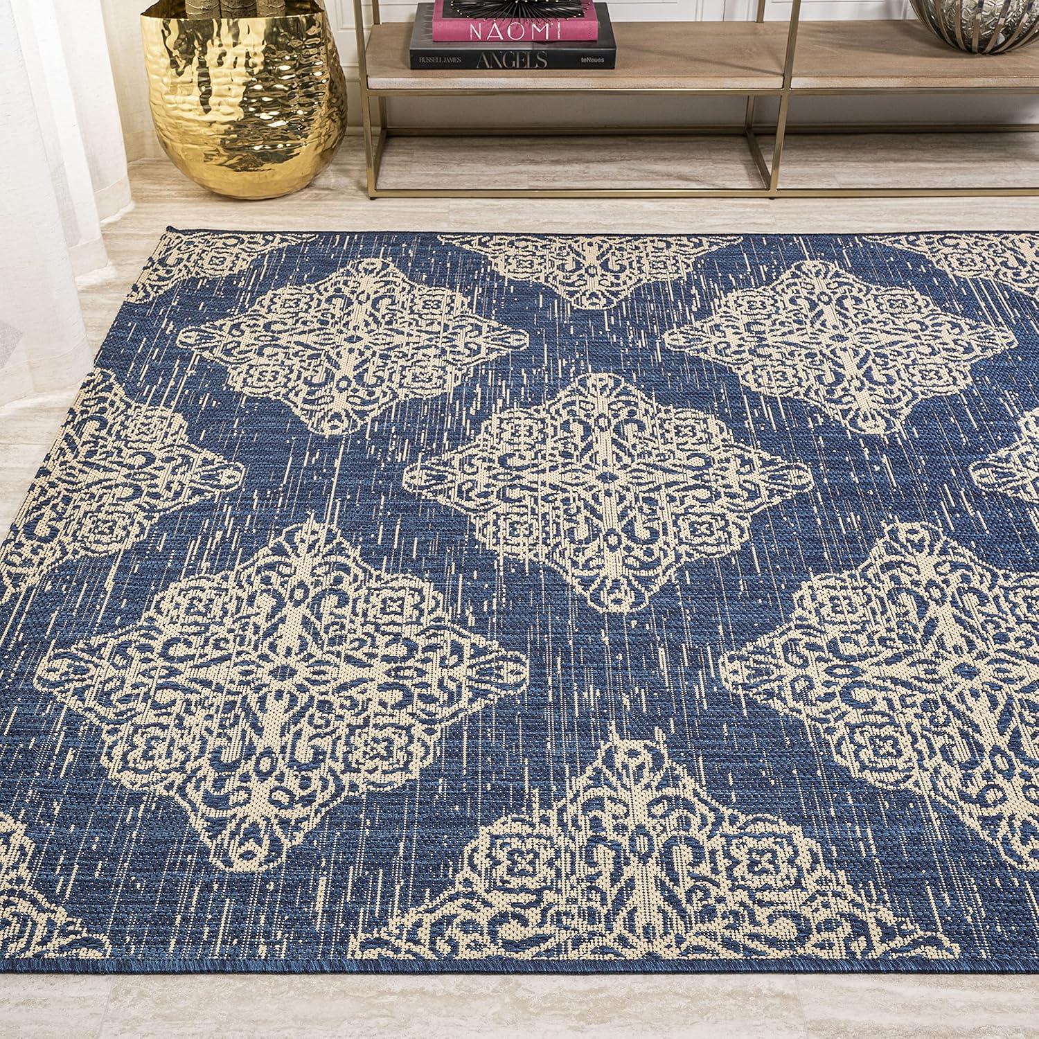 4'x6' Tuscany Ornate Medallions Indoor/Outdoor Area Rug, Navy/Beige - JONATHAN Y