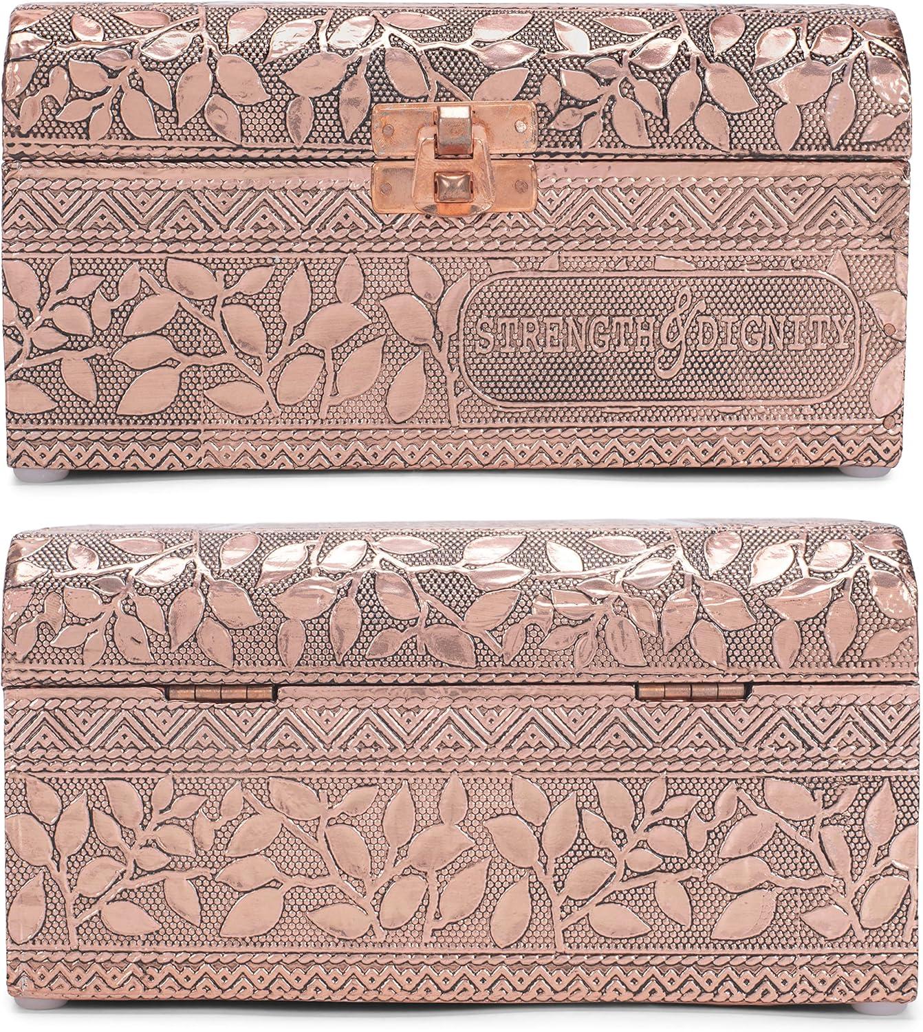 Cottage Garden Strength Copper Tone Metal Stamped Round Top Trunk Keepsake Box