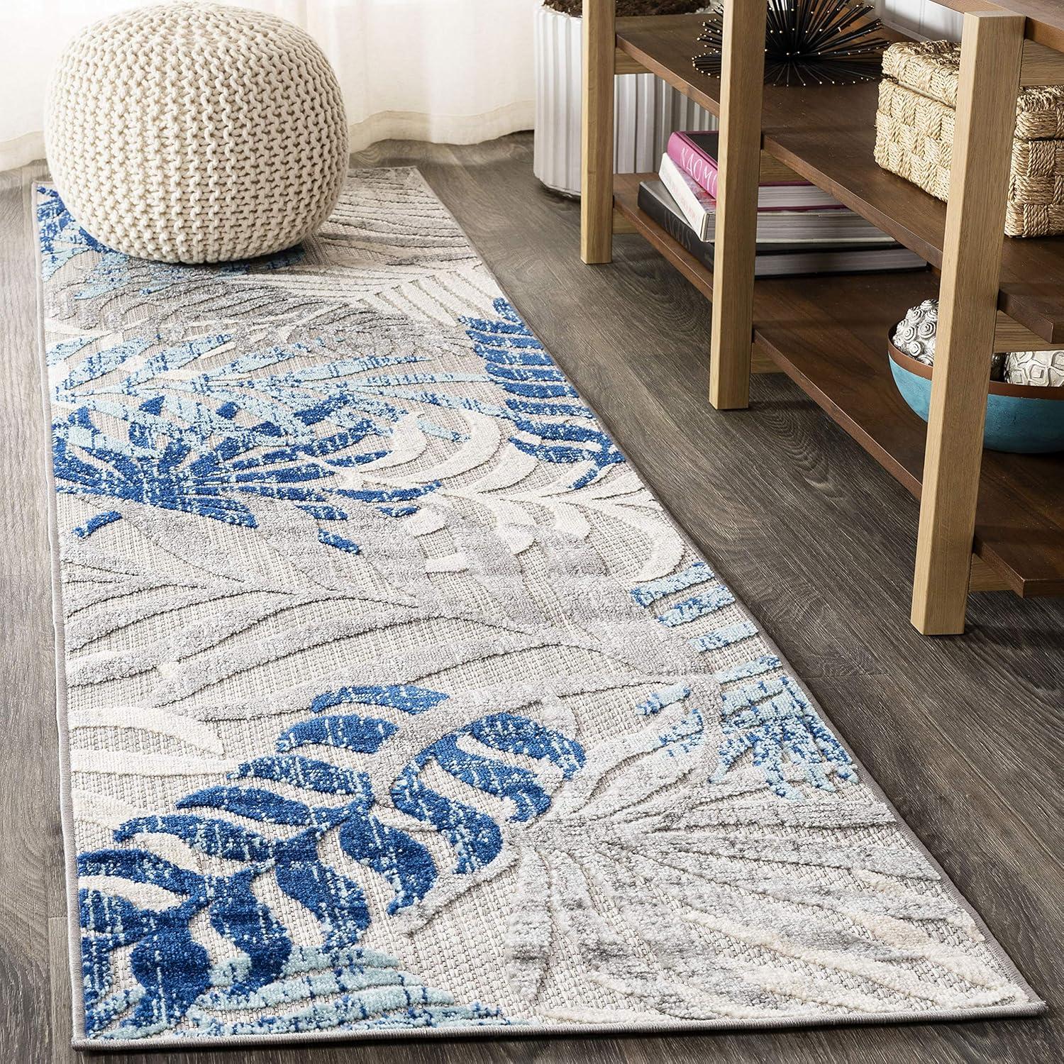 JONATHAN Y Tropics Palm Leaves Indoor/Outdoor Gray/Blue 2 ft. x 8 ft. Runner Rug