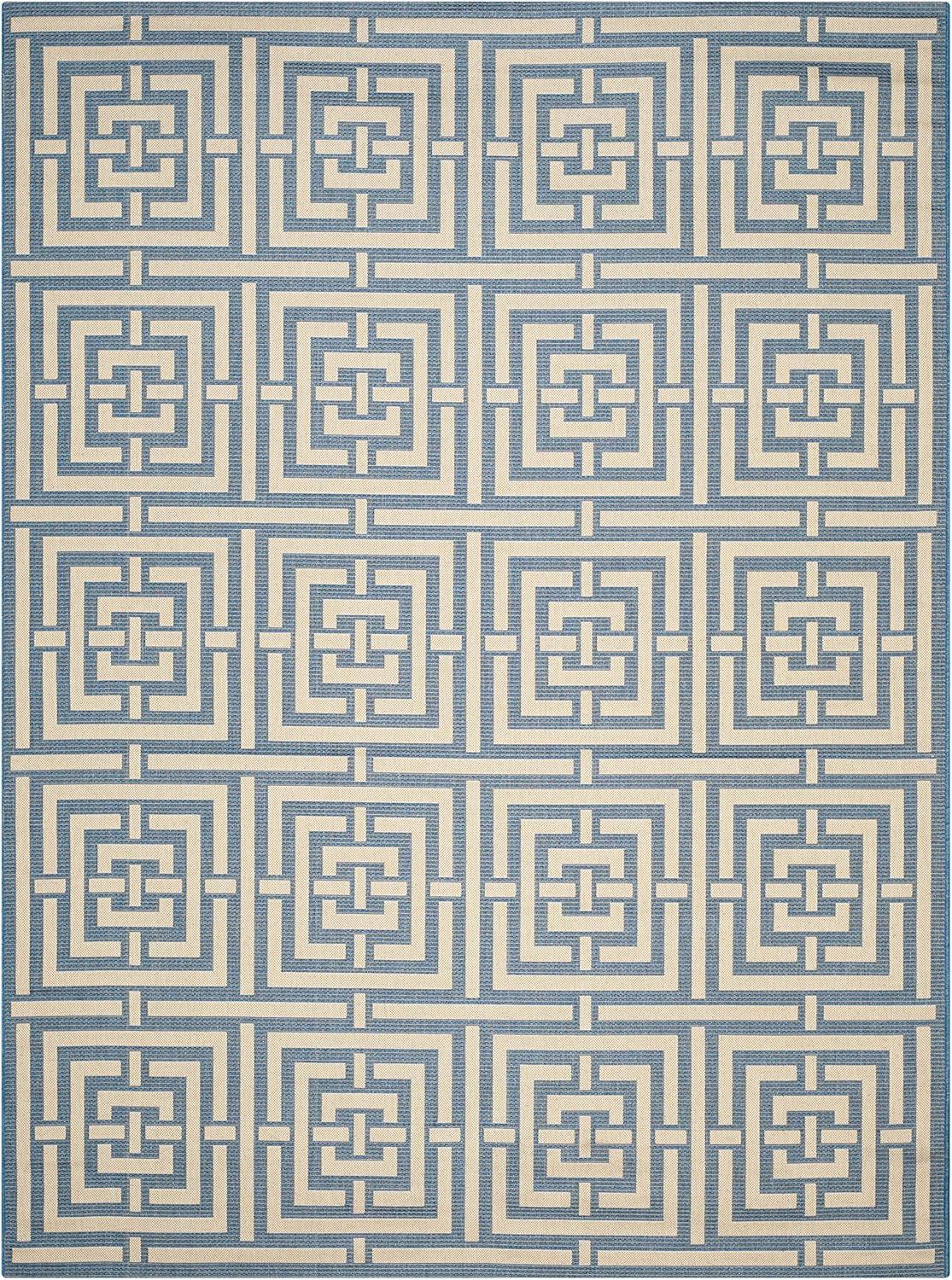 Blue and Bone Geometric Synthetic Outdoor Area Rug, 8' x 11'