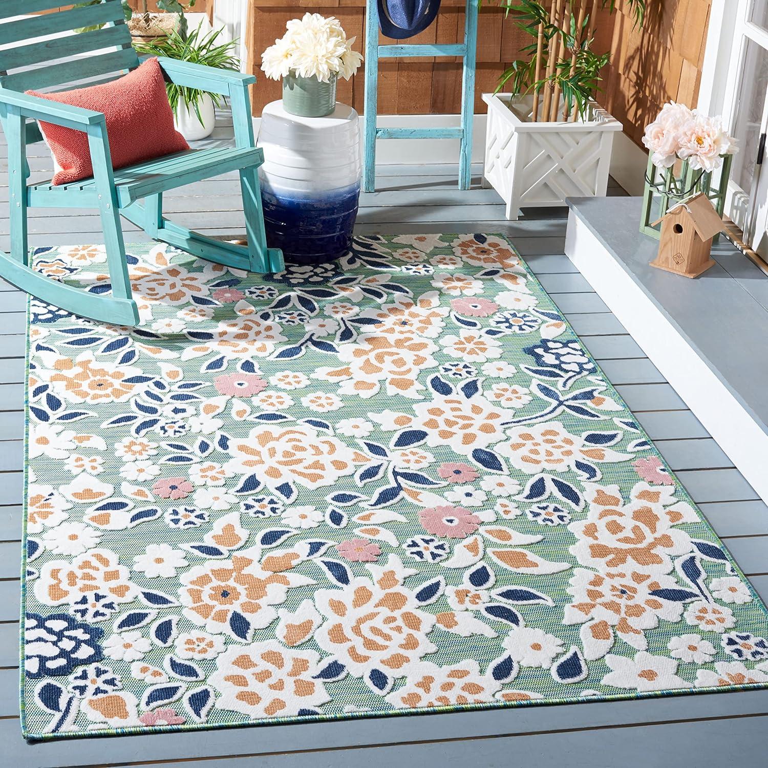 Floral Green & Navy Round Synthetic 8' x 10' Area Rug