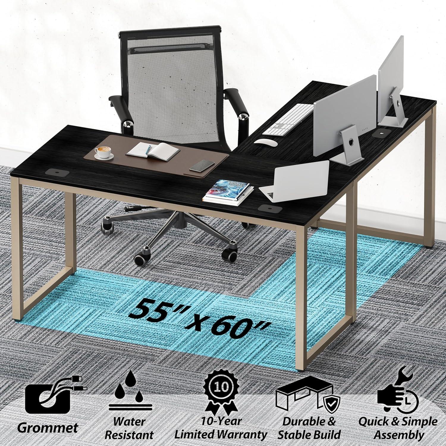 SHW Commercial-Grade L Shaped 55" x 60" Corner Office Computer Desk, Espresso