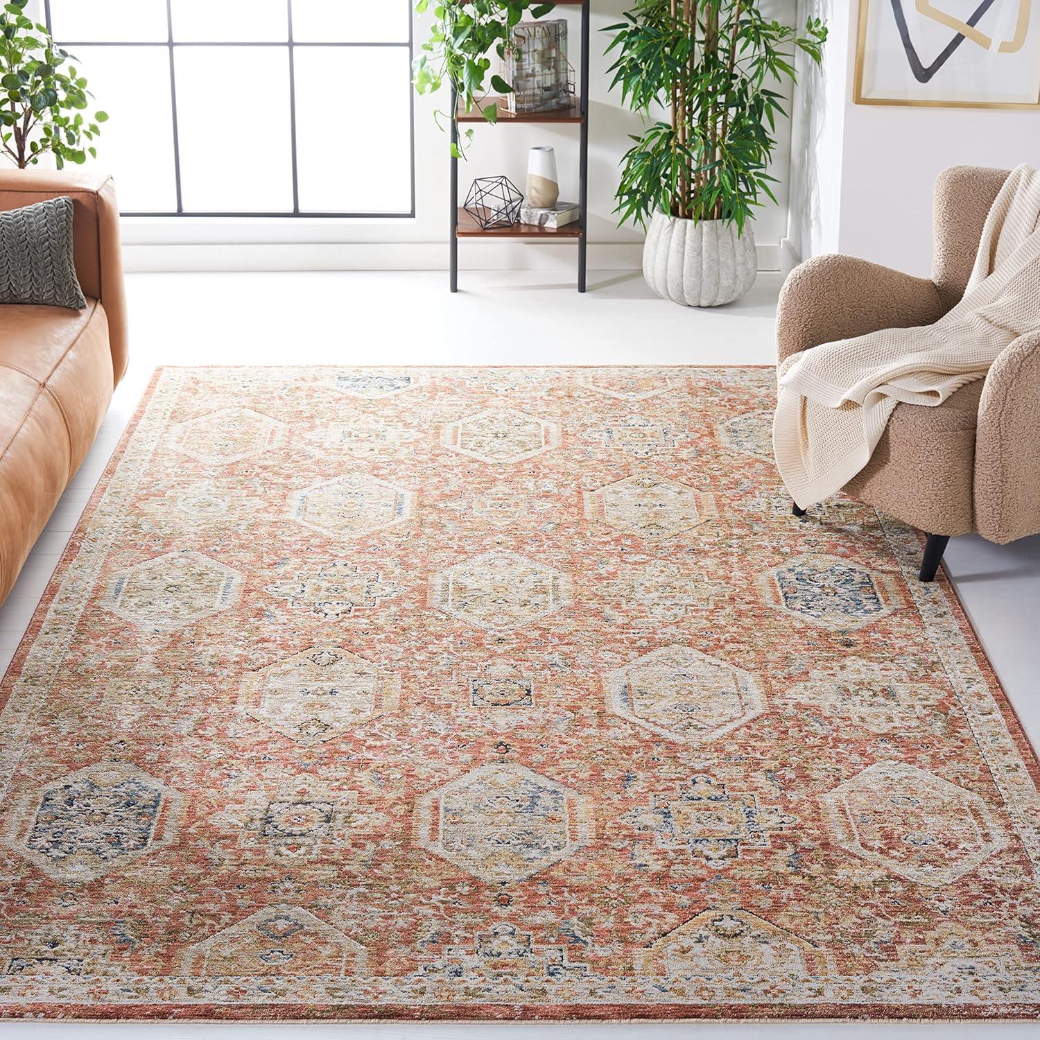 Rust and Blue Hand-Knotted Synthetic Area Rug