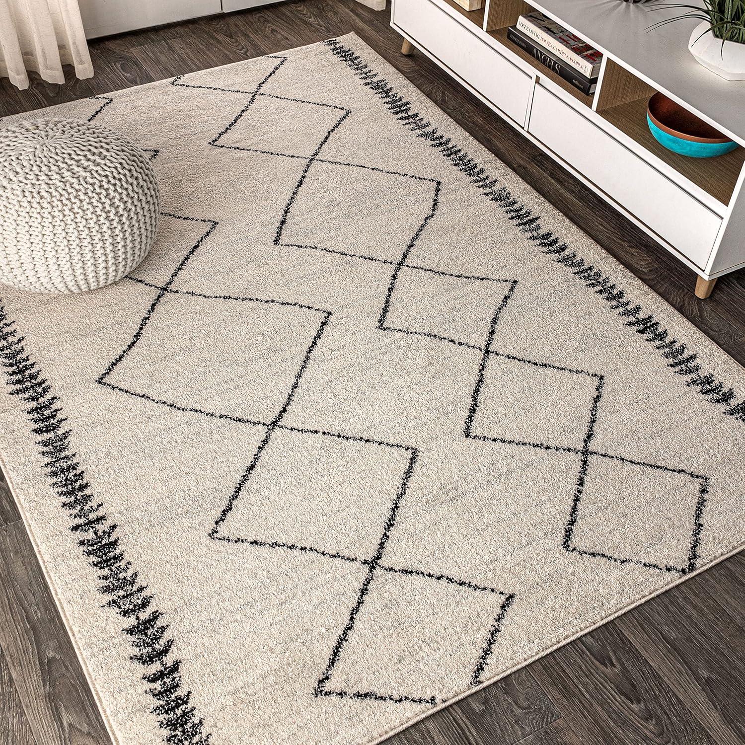 Cream & Black Synthetic 4'x6' Braided Geometric Area Rug