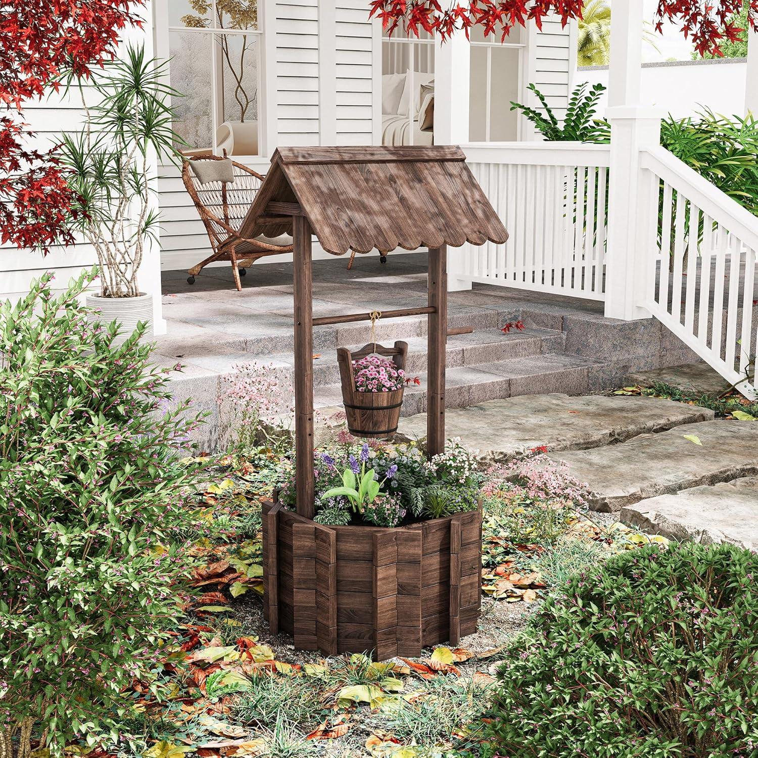 Rustic Brown Fir Wood Hanging Wishing Well Planter