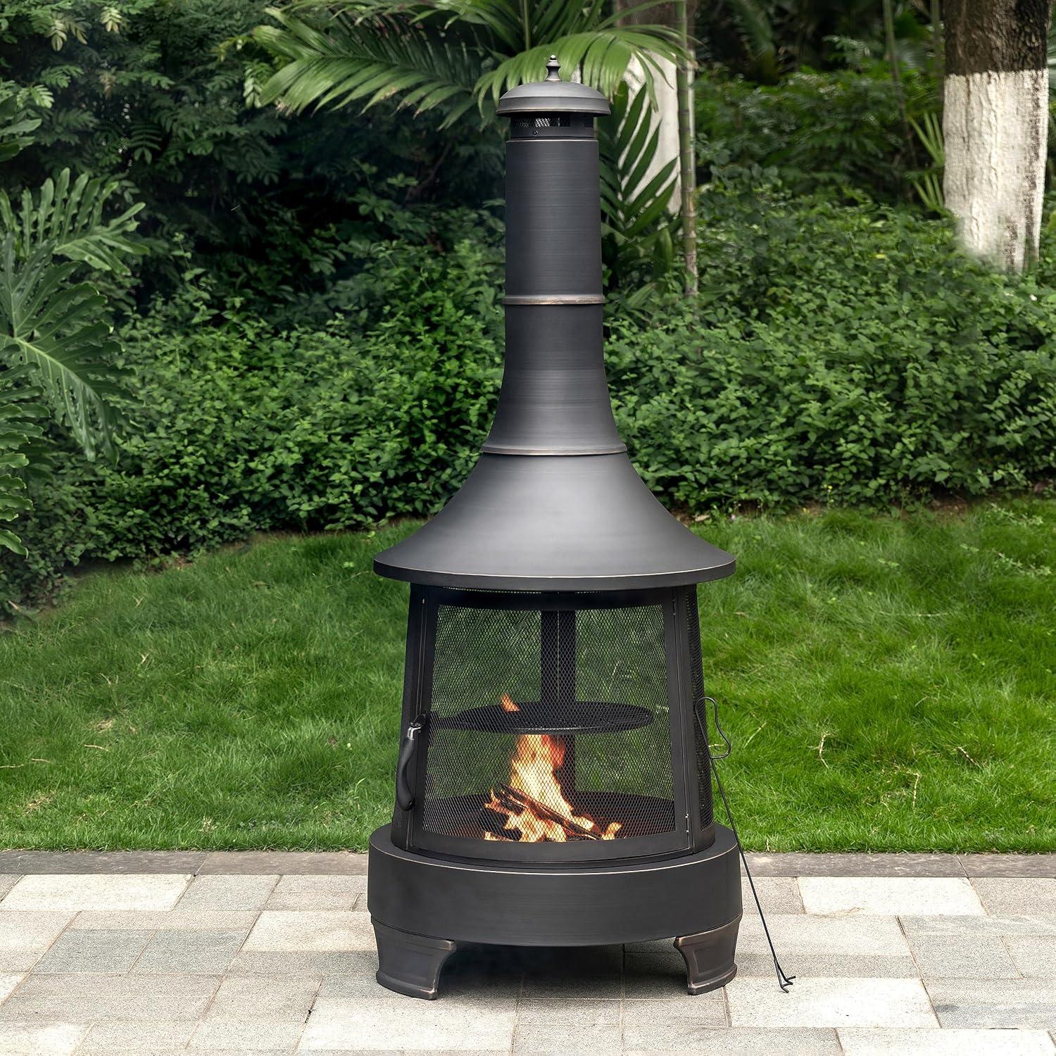 Deko Living 30 Inch Diameter Outdoor Steel Wood Burning Chimney Firepit with Cast Iron Cooking Grill and Poker