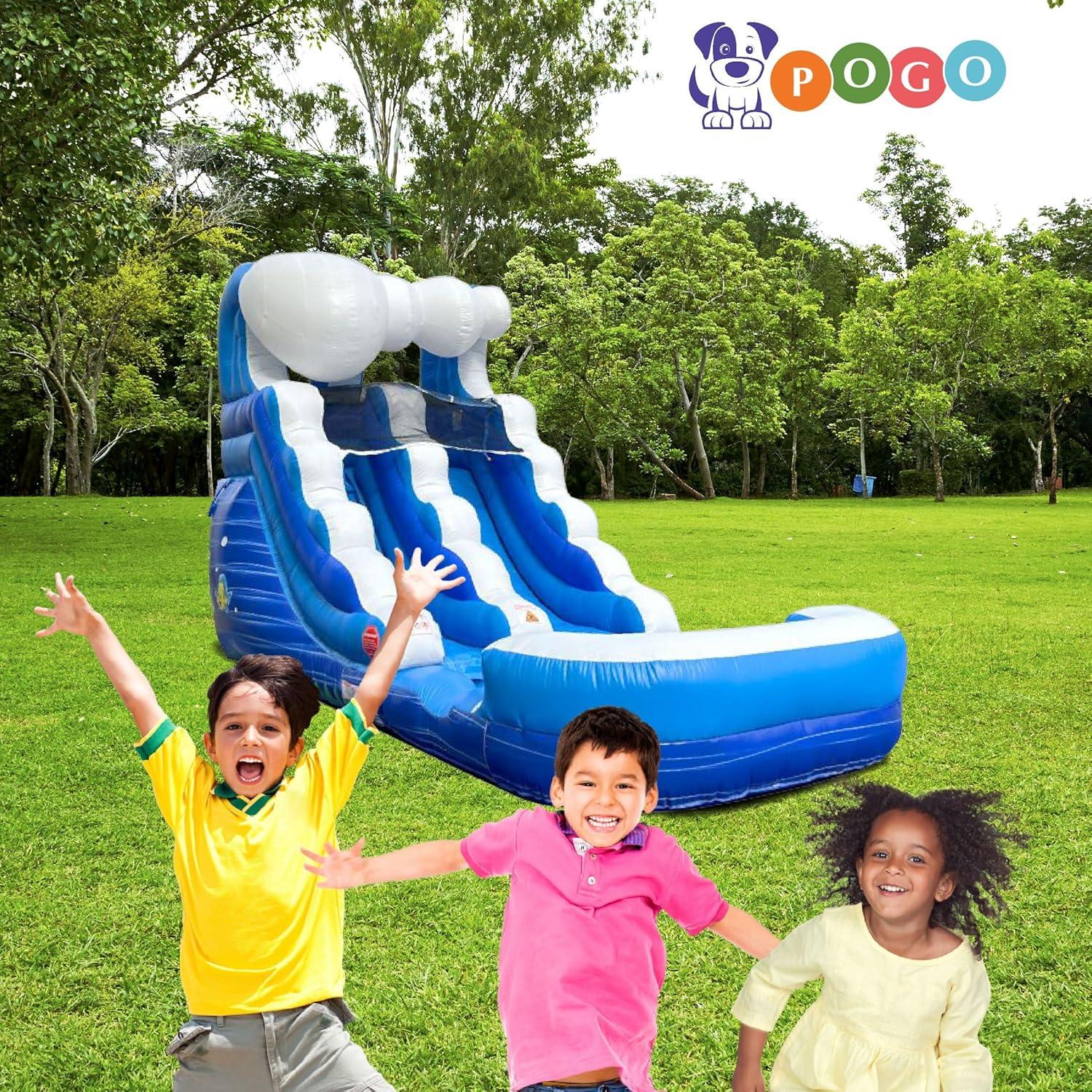 Pogo Bounce House Crossover Kids Inflatable Water Slide, Blue Wave with Blower, 12 ft