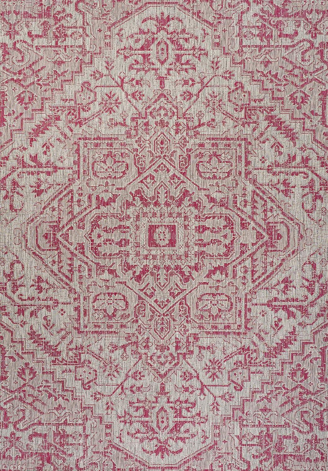 4' x 6' Estrella Bohemian Medallion Textured Weave Indoor/Outdoor Area Rug, Light Gray/Fuchsia - JONATHAN Y