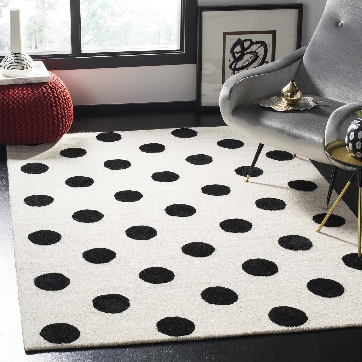 Ivory & Black Polka Dot Hand-Tufted Wool Rug for Kids, 6' x 9'