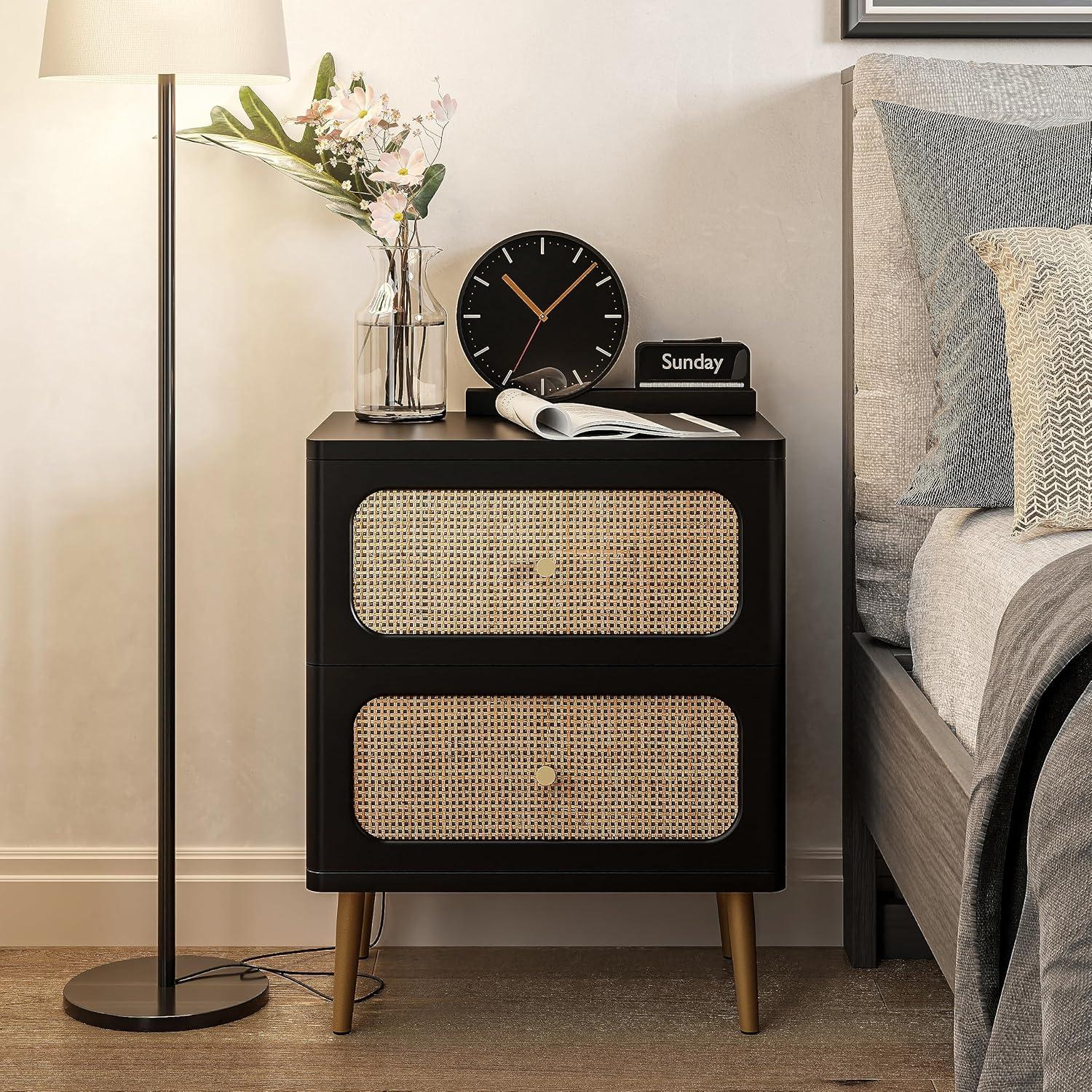 Black Wicker Rattan 2-Drawer Nightstand with Wooden Legs