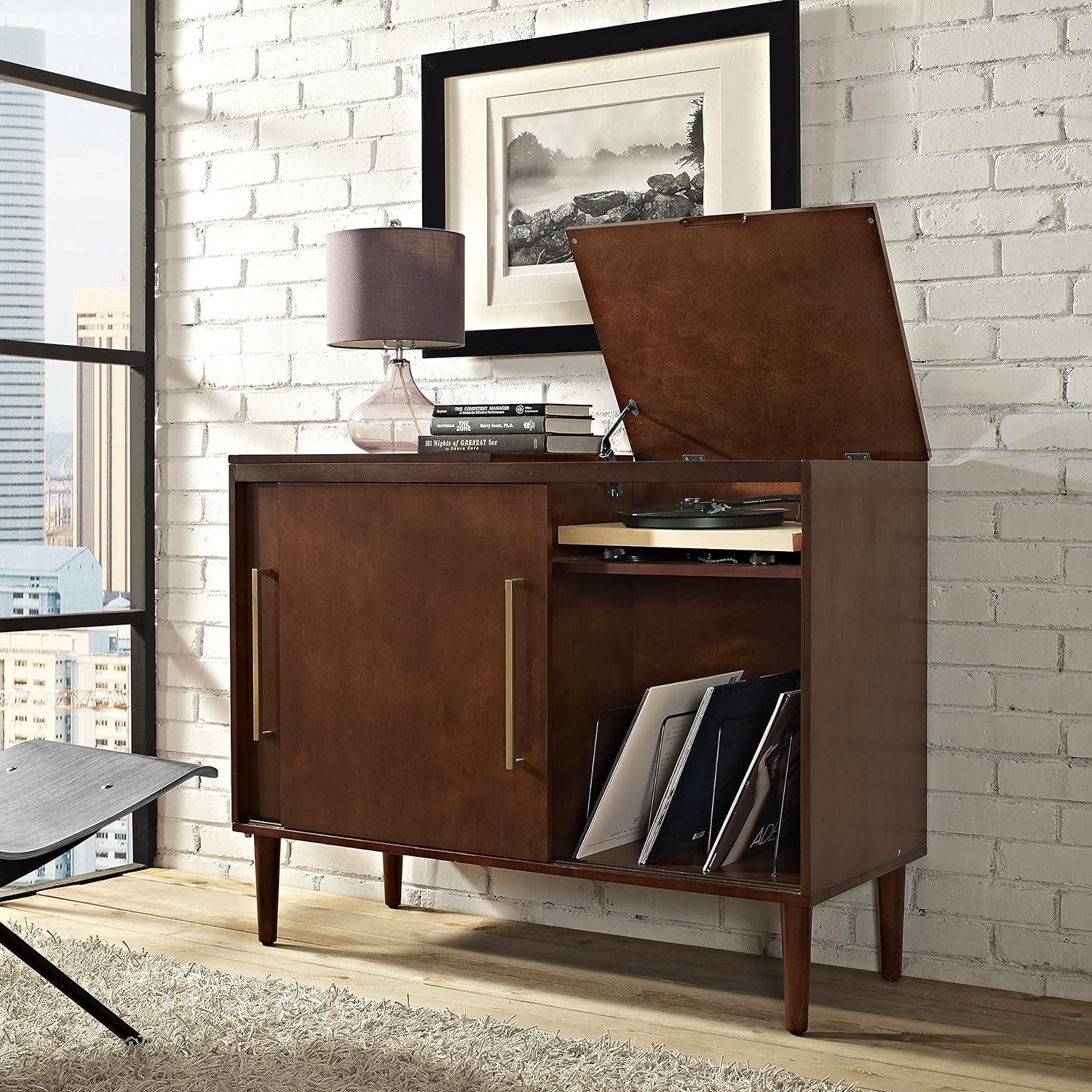 Everett Mid-Century Modern Brown Media Console with Record Storage