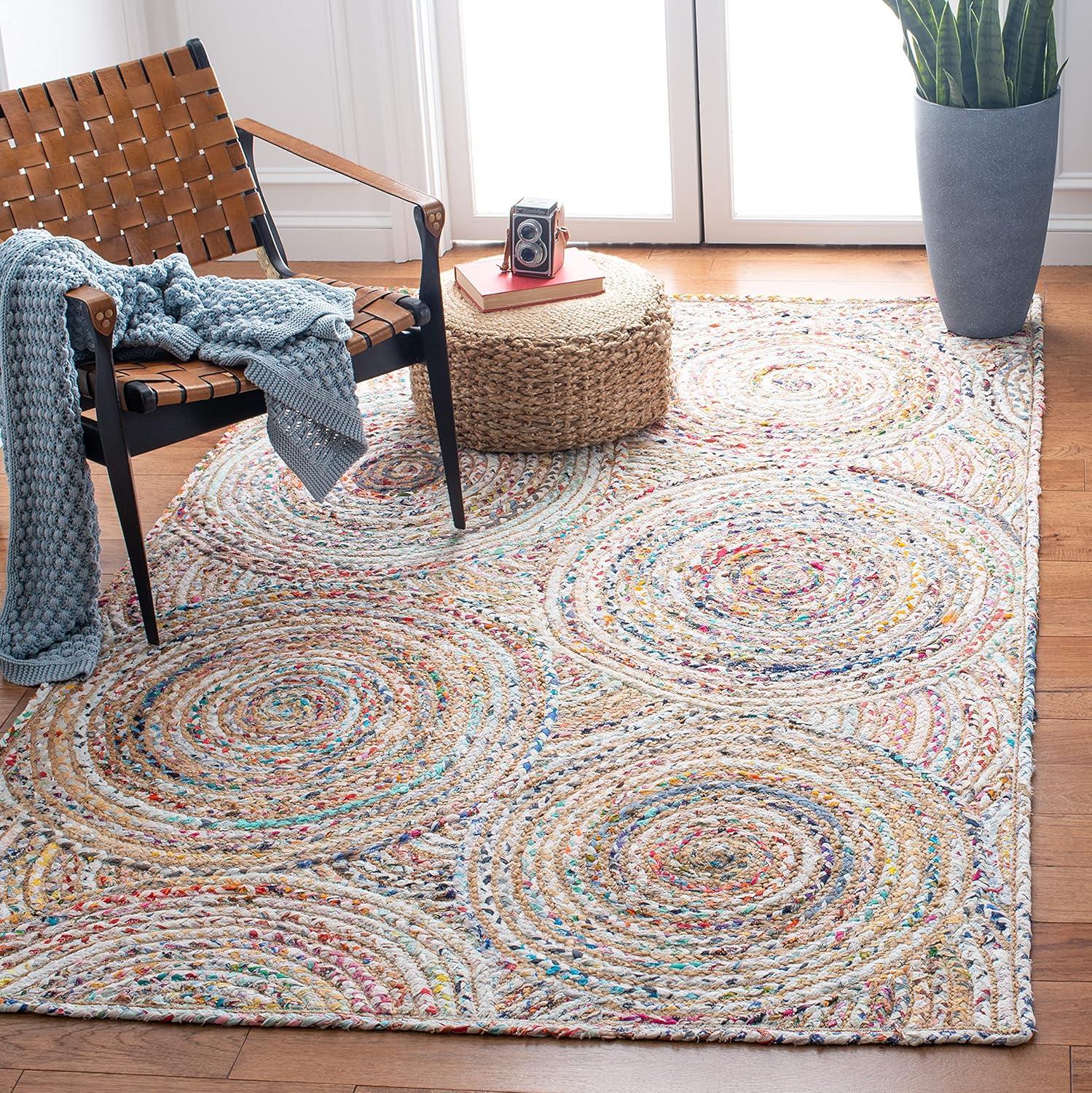 Boho-Chic Multicolor Cotton and Jute Hand-Knotted Oval Rug