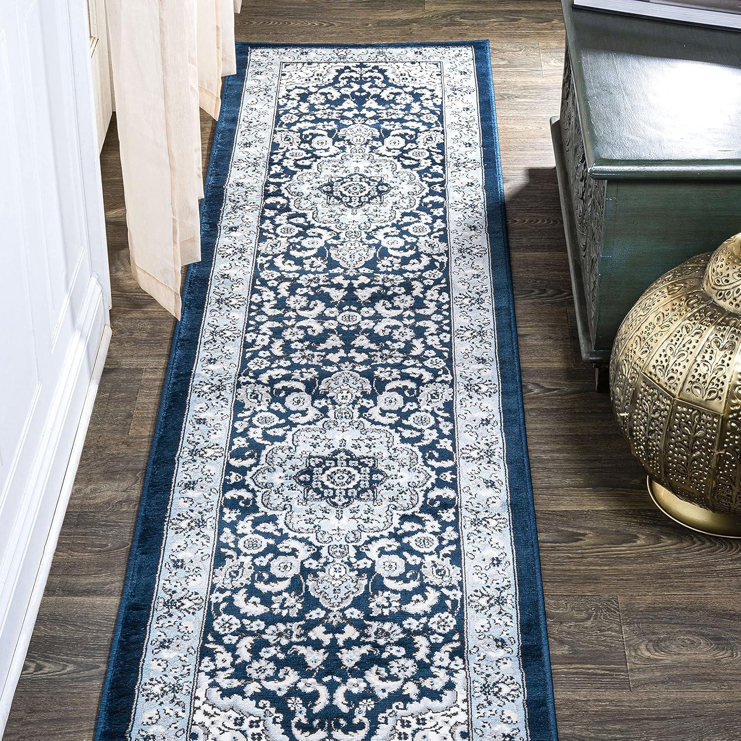 2'x 8' Palmette Modern Persian Floral Runner Rug, Navy/Blue - JONATHAN Y