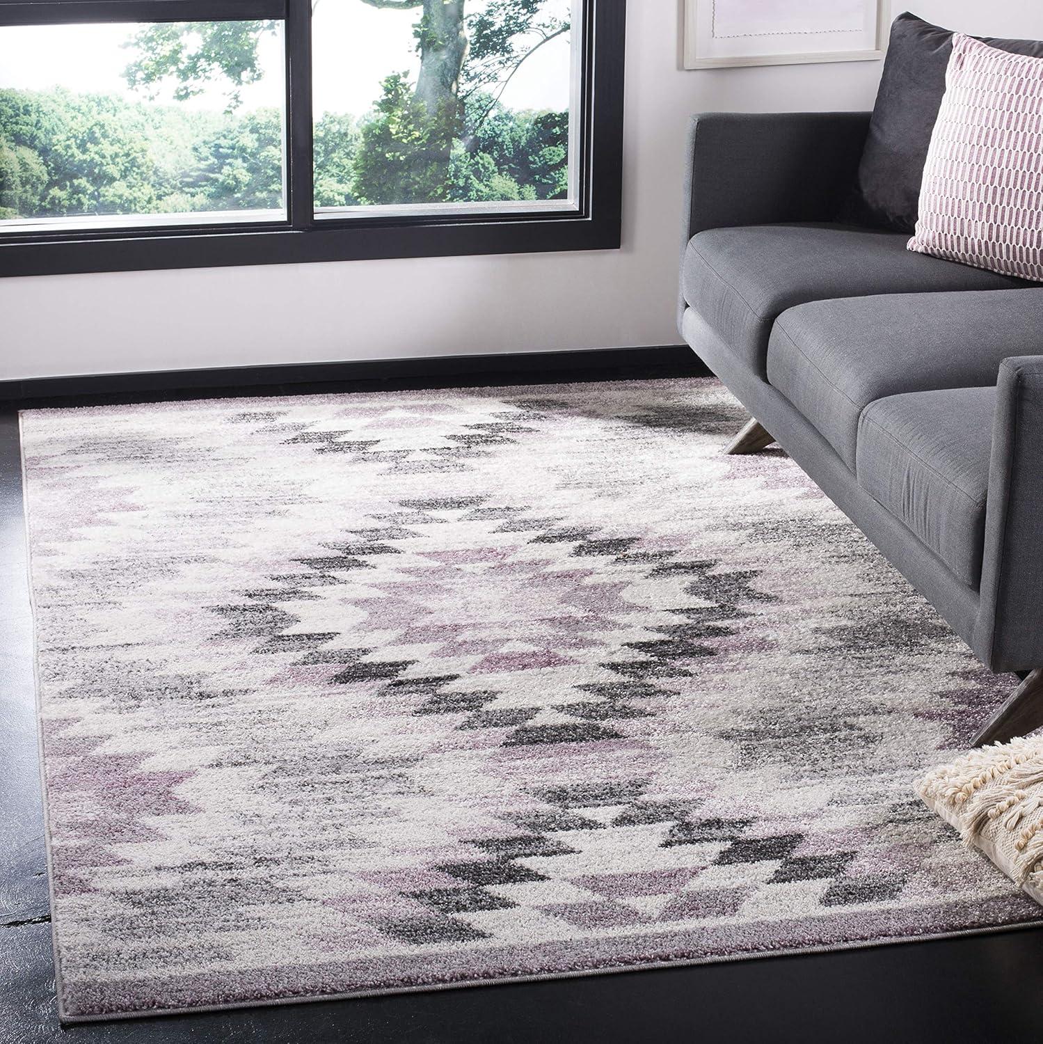 Ivory and Plum Geometric Synthetic Area Rug 5'1" x 7'6"