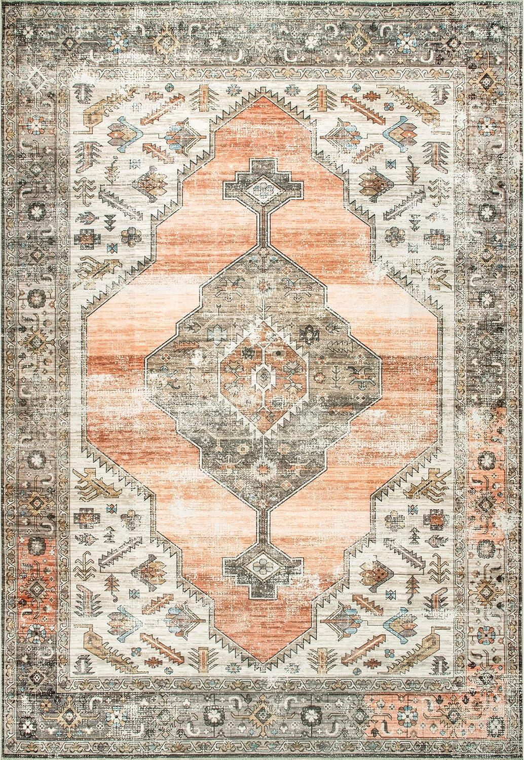 Peach Medallion Easy-Care Rectangular Synthetic Rug