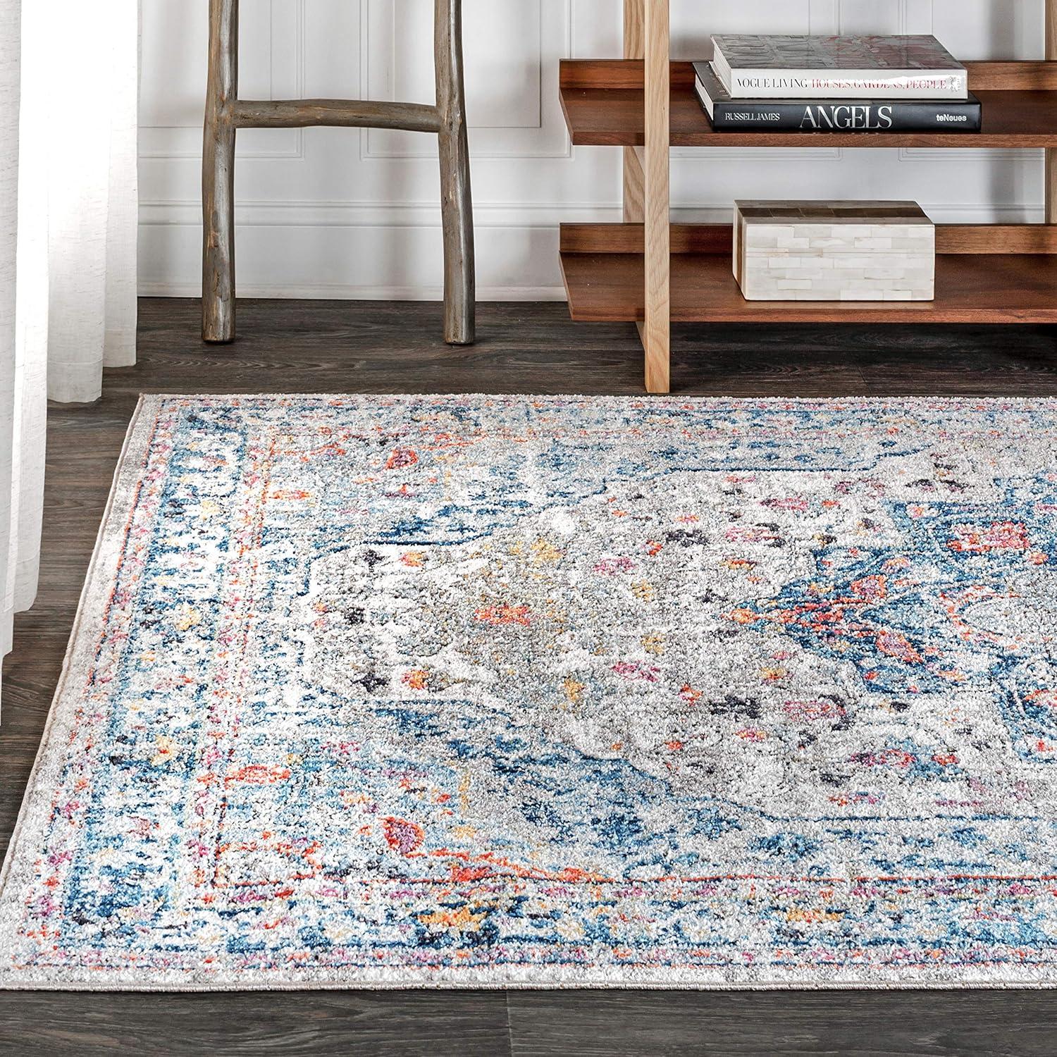 Ivory and Blue Rectangular Medallion Synthetic Area Rug