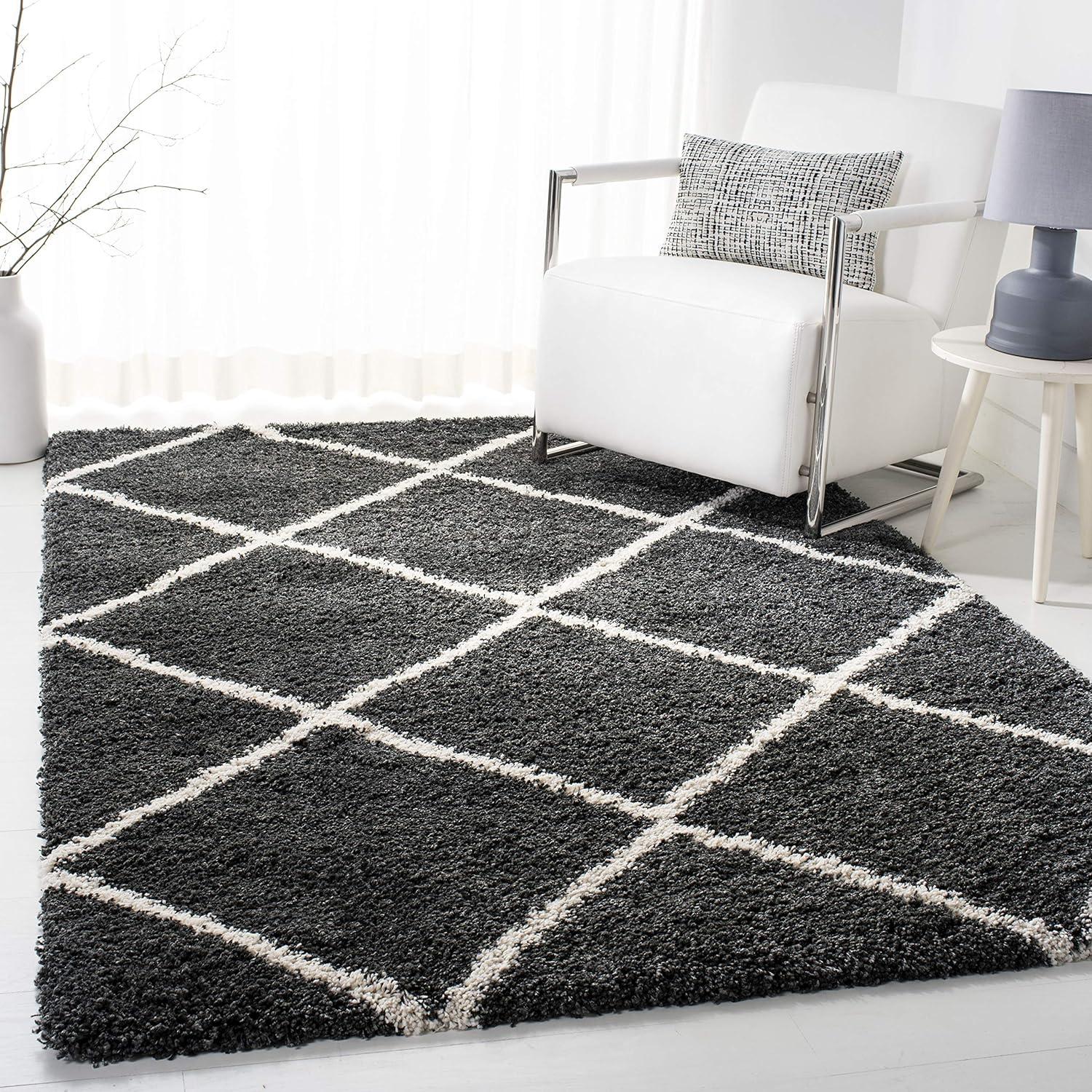 Modern Trellis Dark Grey & Ivory Square Shag Rug