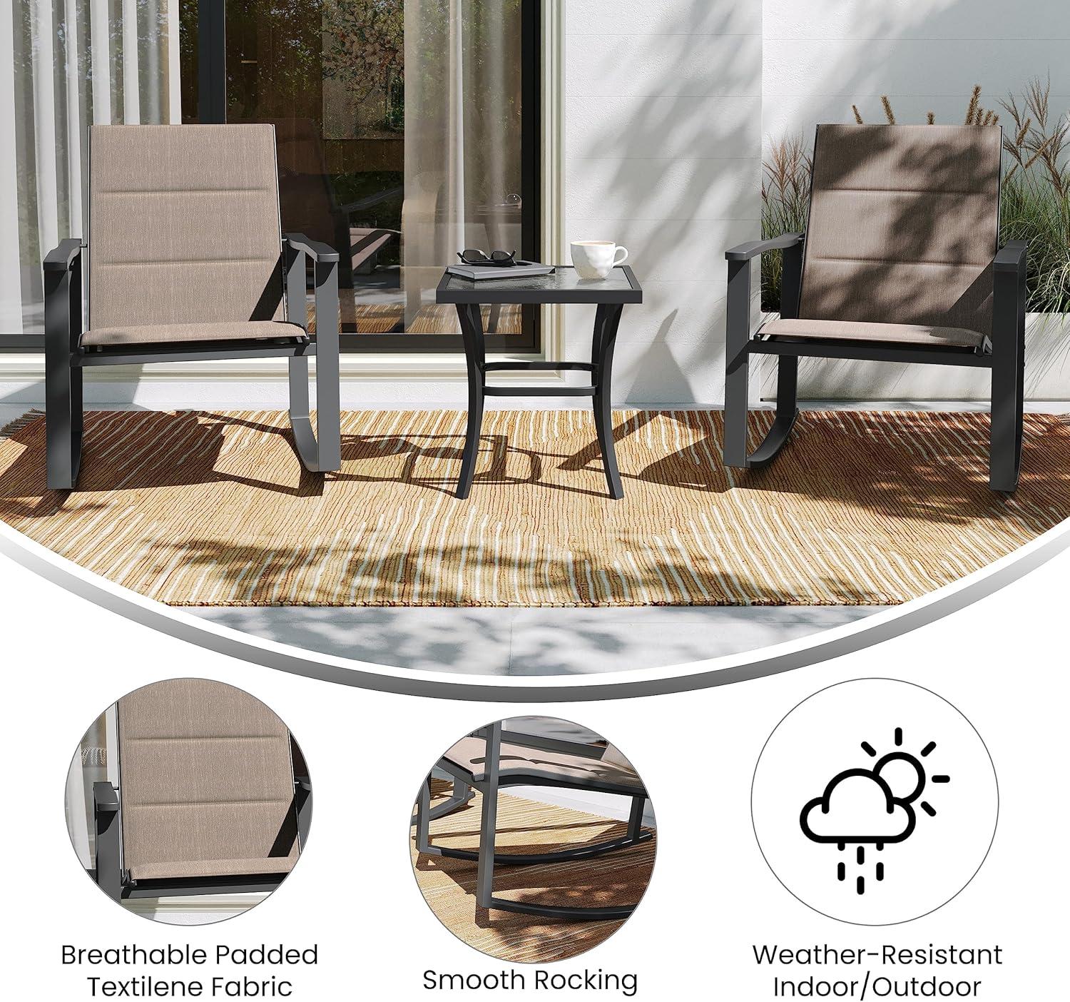 Flash Furniture Brazos 3 Piece Outdoor Rocking Chair Bistro Set with Flex Comfort Material and Steel Framed Glass Top Table, Brown/Black