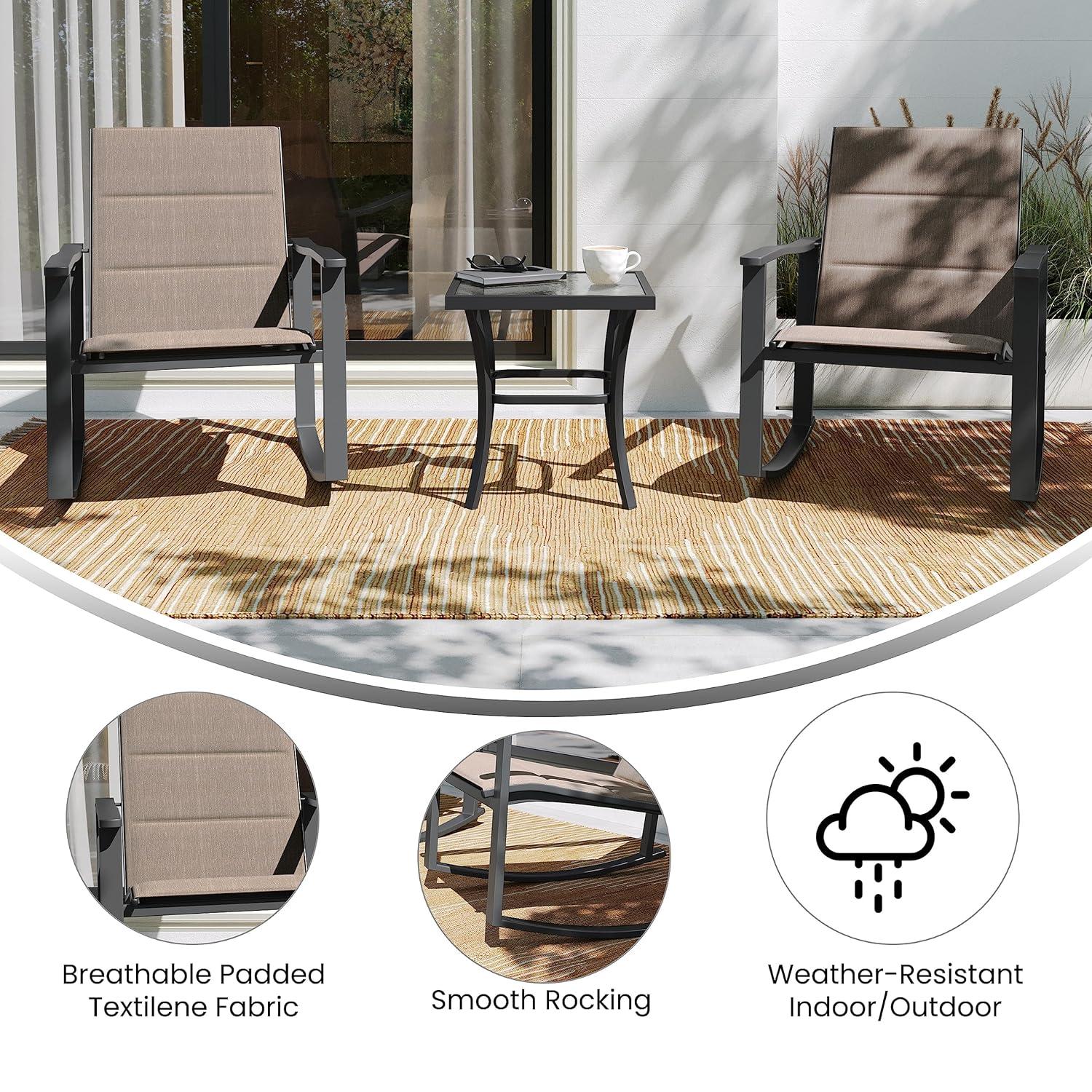 Flash Furniture Brazos 3 Piece Outdoor Rocking Chair Bistro Set with Flex Comfort Material and Steel Framed Glass Top Table, Brown/Black