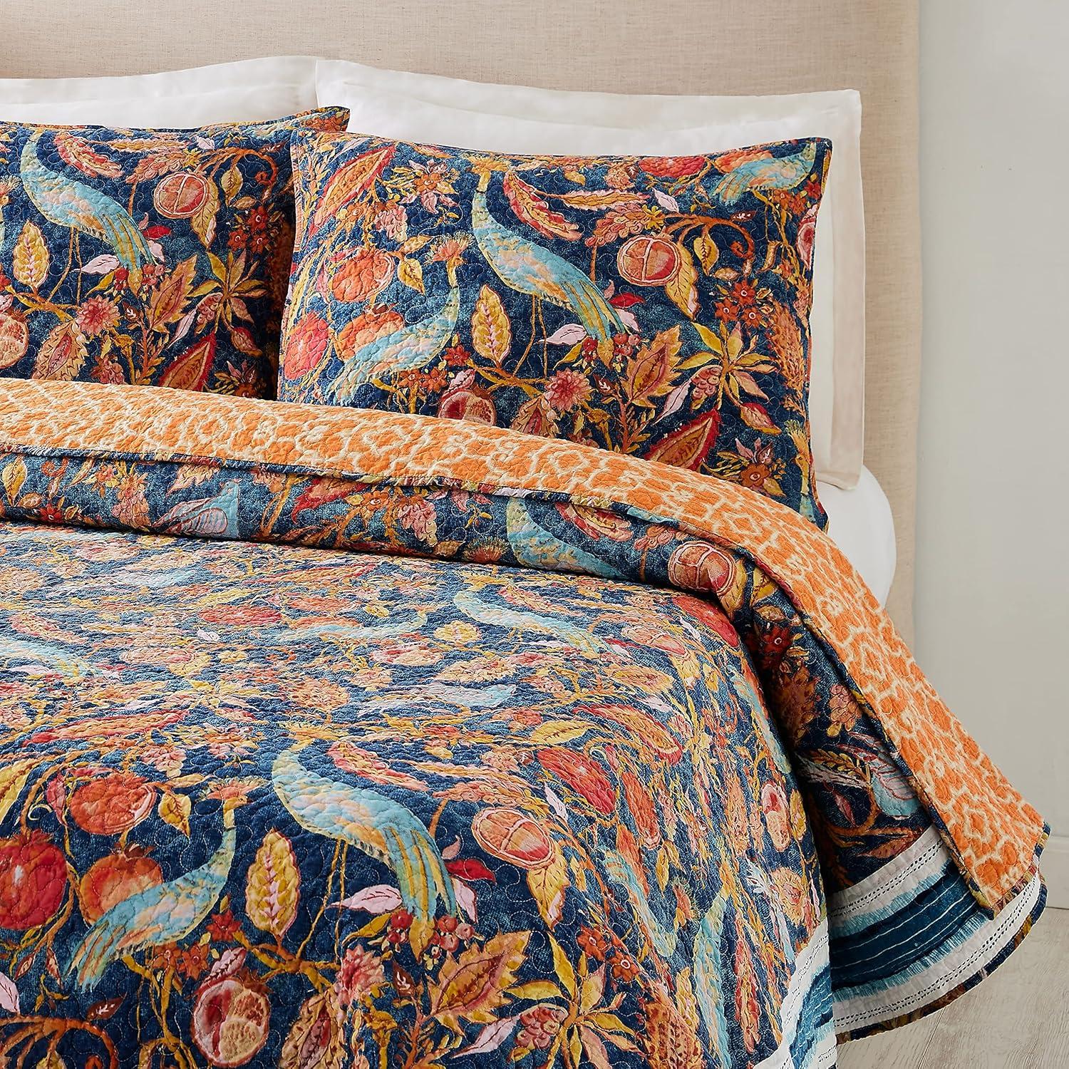 Peacock Garden Quilt & Sham Set Blue/Orange - Dena Home