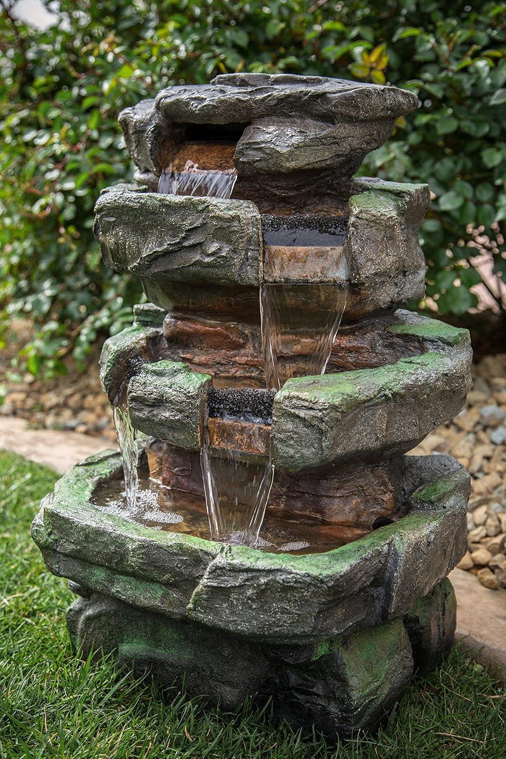 Moss Covered Gray Resin Rock Fountain with LED Lights