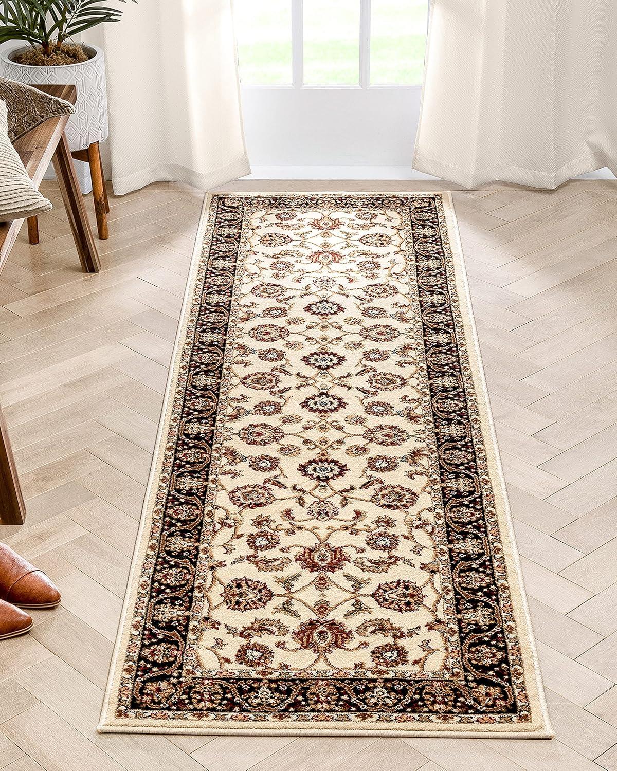 Ivory Floral Oriental Runner Rug with Black Border