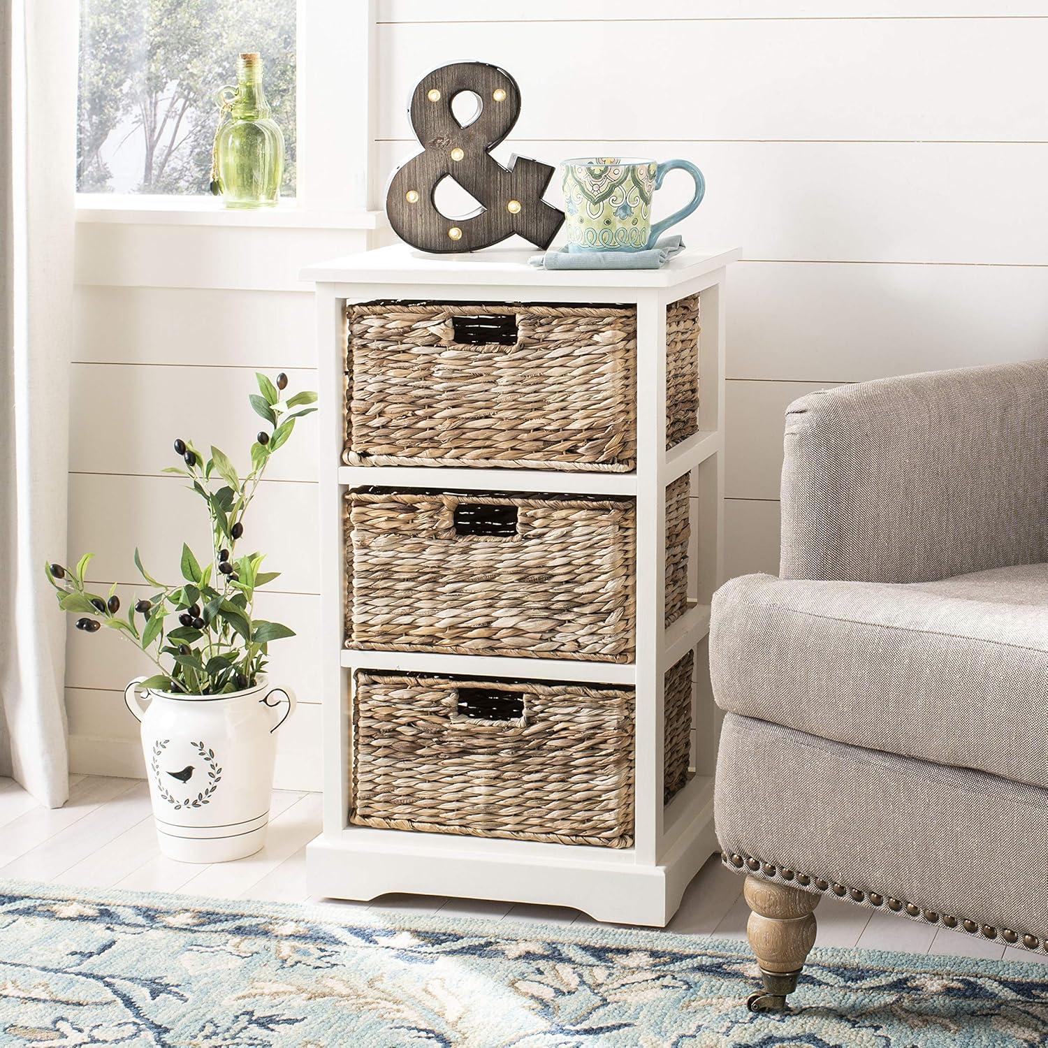 Distressed White Pine Wood 3-Drawer Side Table with Wicker Baskets