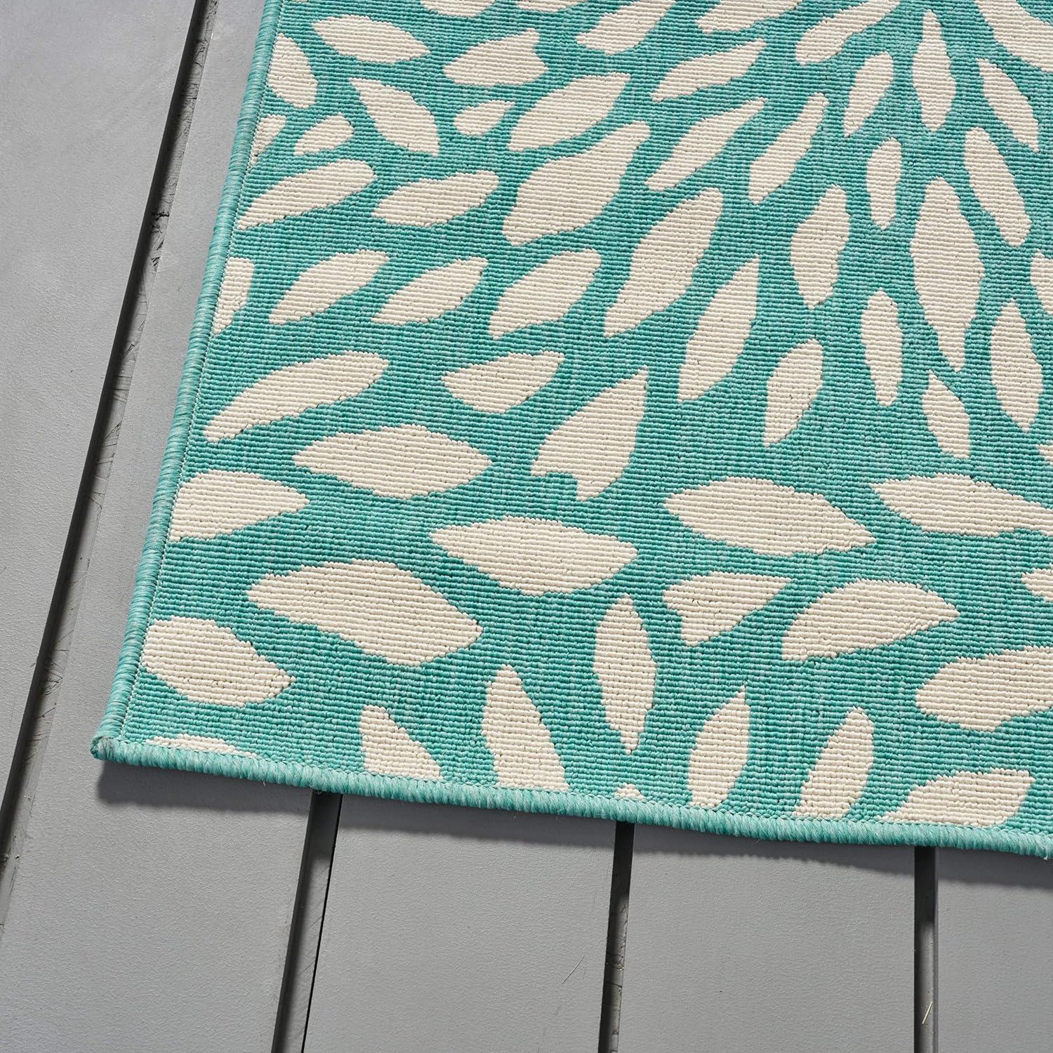 Ivory and Blue Floral Rectangular Stain-Resistant Outdoor Rug