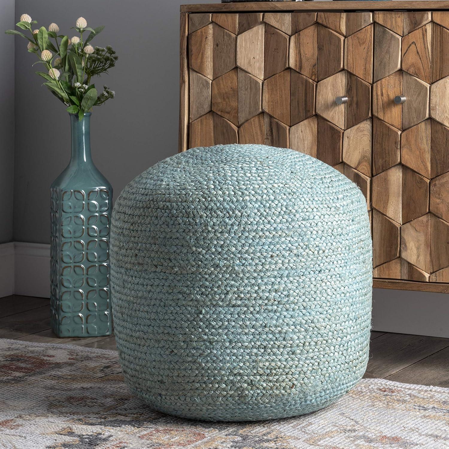 Green 18" Round Jute Pouf Ottoman